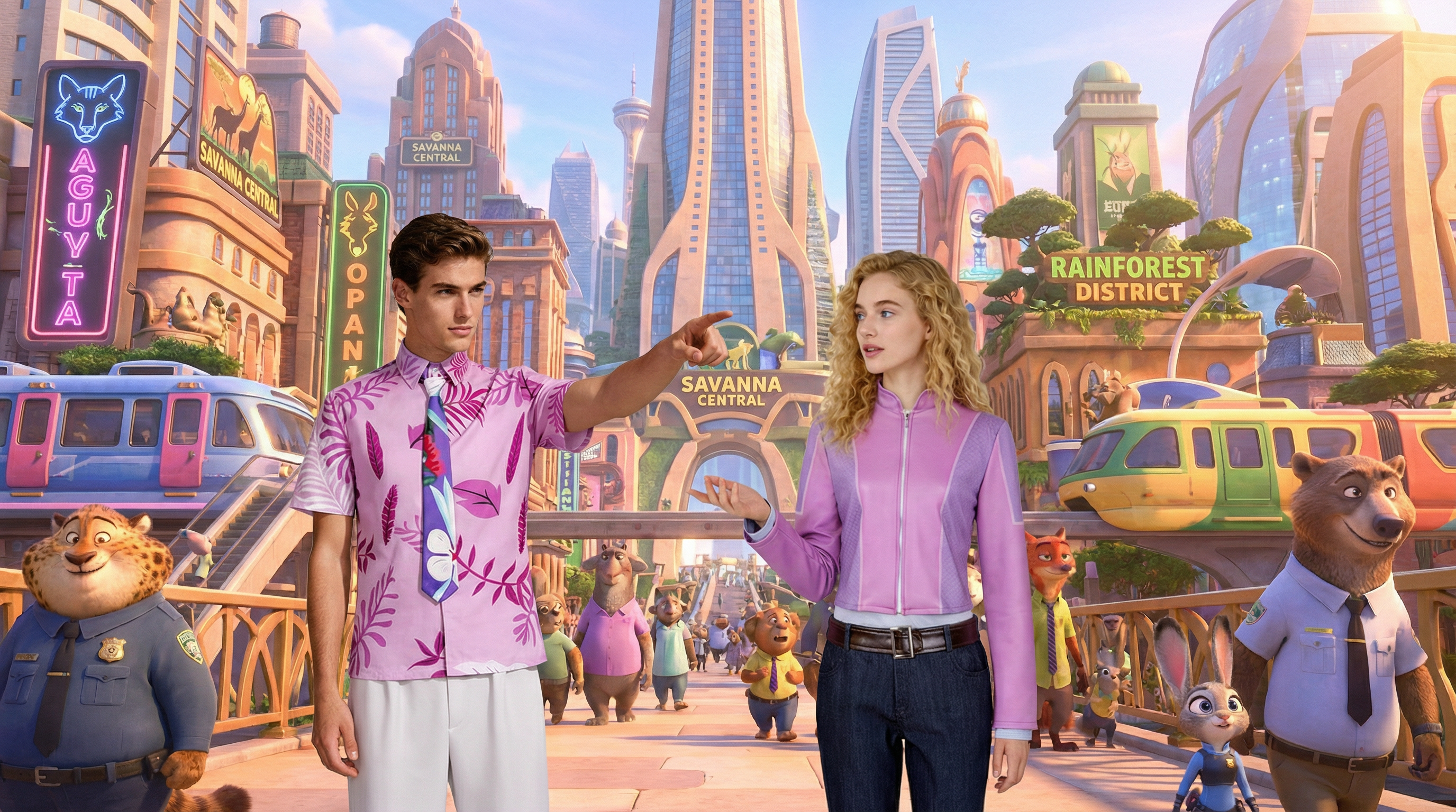 High-end Zootopia 2 duo cosplay featuring Nick Wilde in a rose-pink tropical shirt and Officer Judy Hopps in a professional pink-purple police jacket by COSPLEE, showcasing luxury fabric textures and character-accurate tailoring.