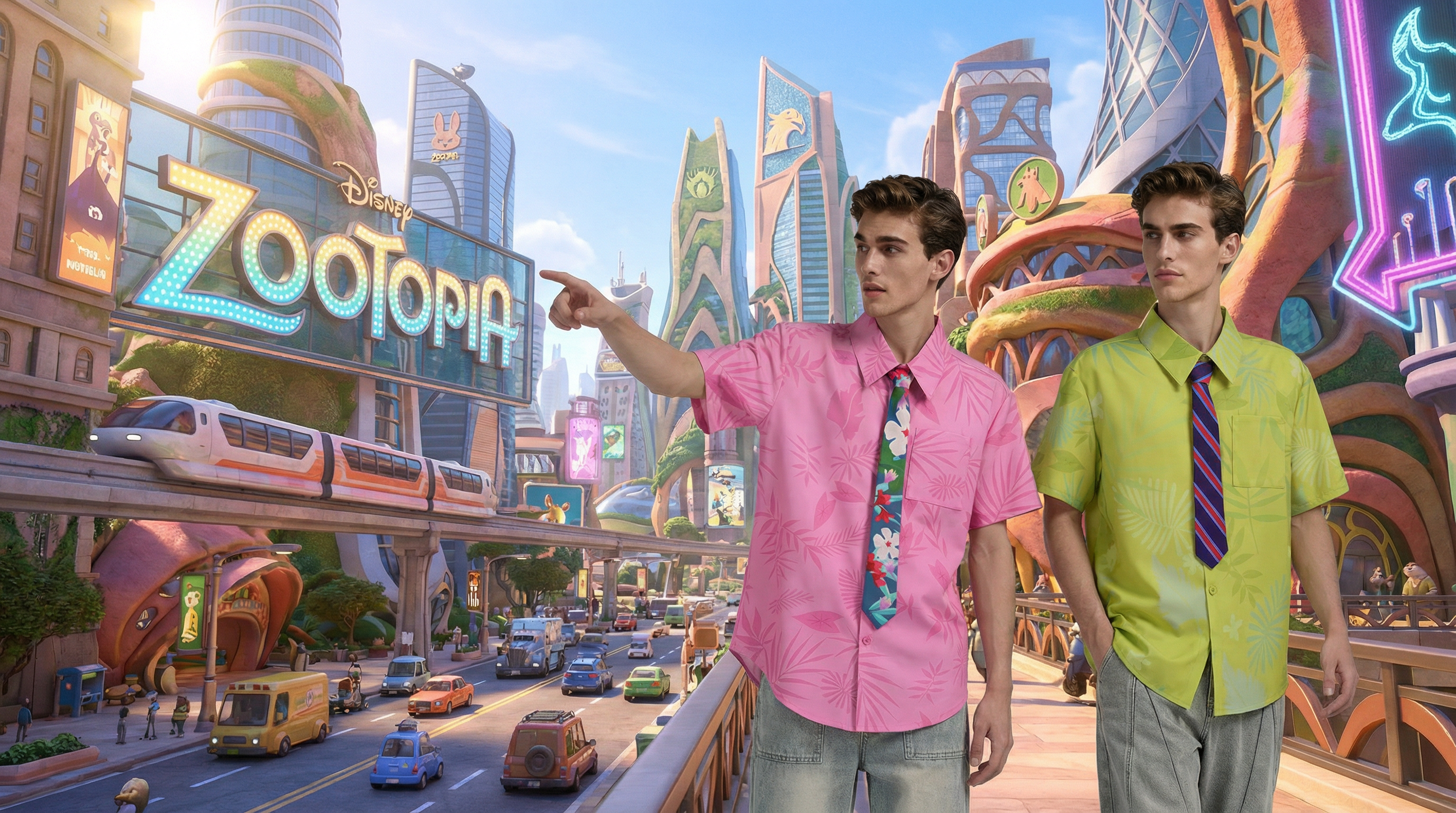 Professional Nick Wilde cosplay featuring the luxury fox shirt and tie set by COSPLEE, highlighting the high-grade satin texture and movie-accurate tropical leaf print.