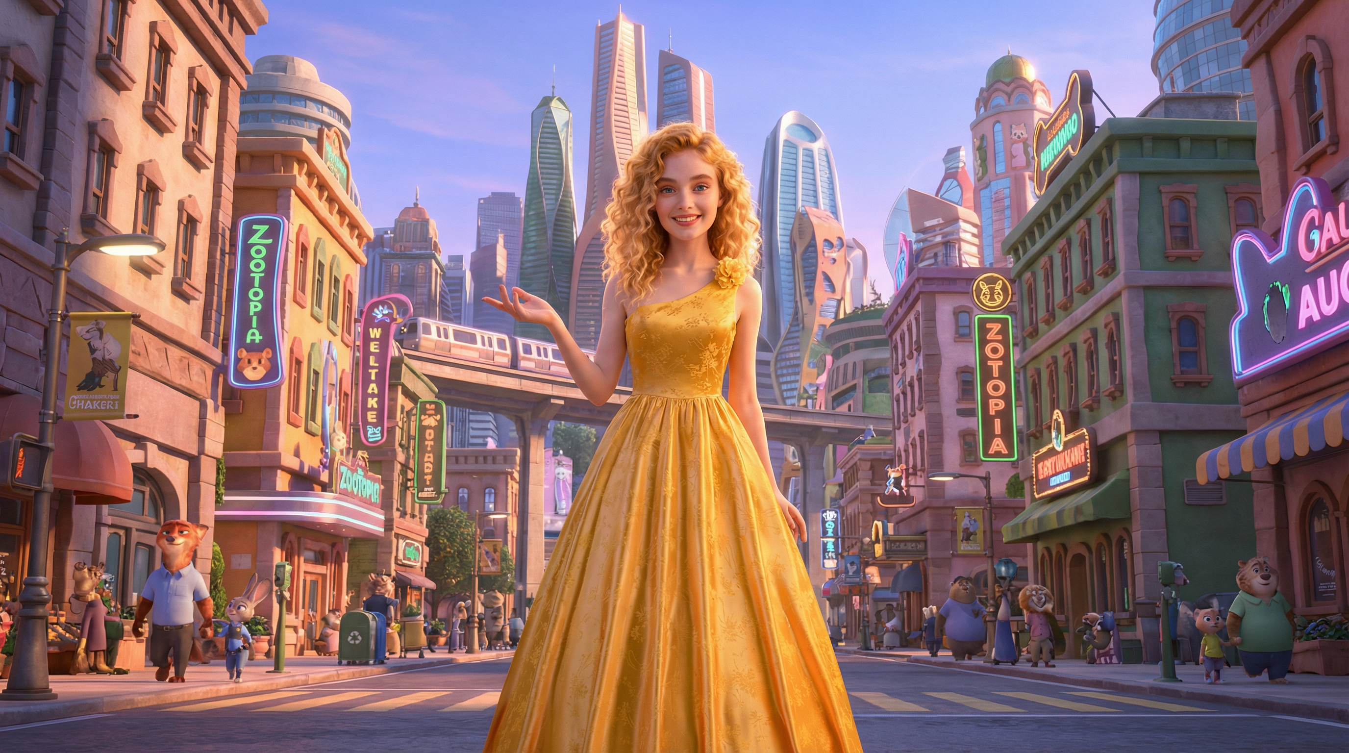 Luxury Judy Hopps Yellow Ball Gown Dress from Zootopia 2 by COSPLEE featuring premium satin fabric, damask textures, and a single-shoulder design for professional character cosplay.