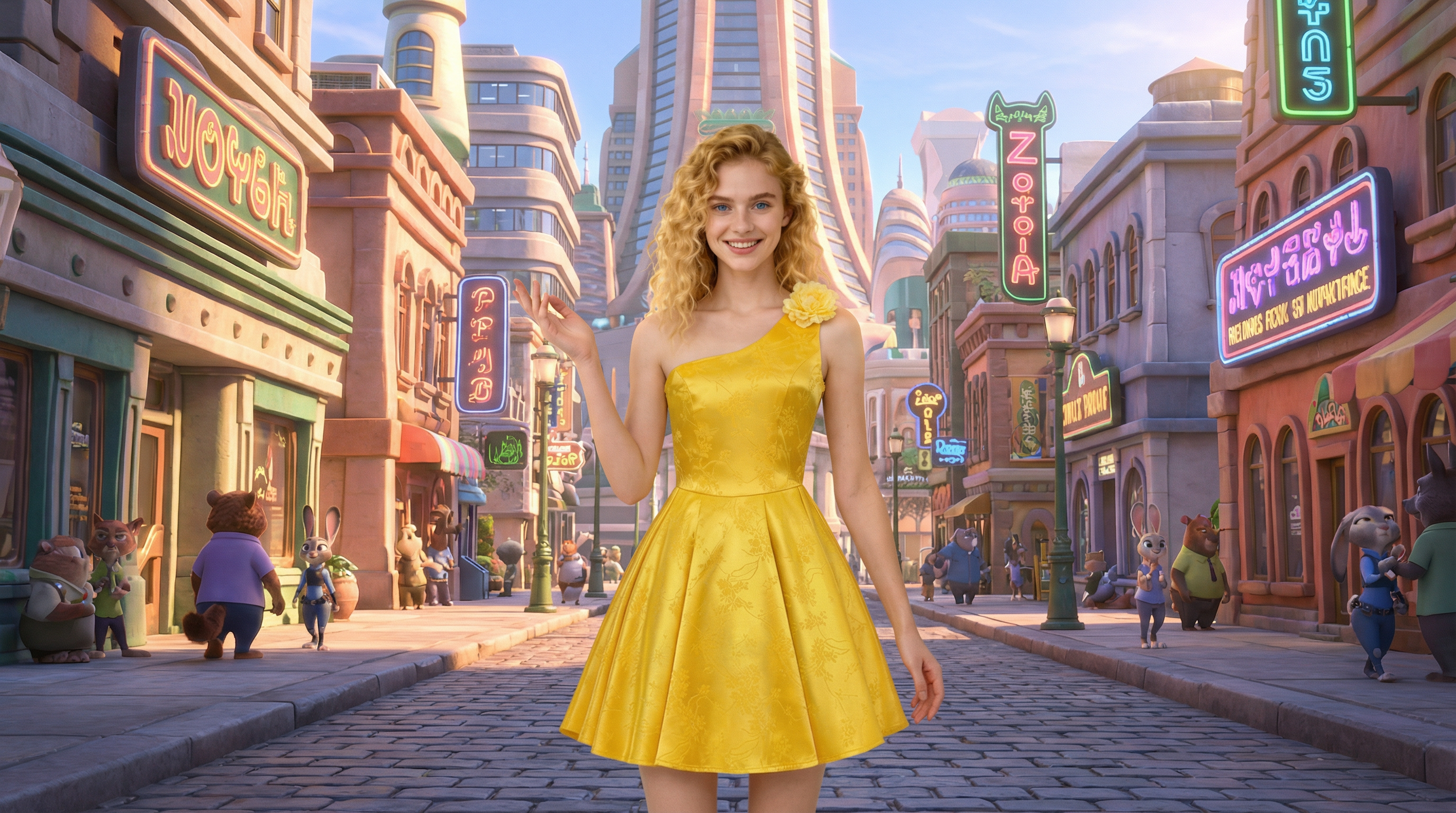 Official Licensed Zootopia 2 Judy Hopps Yellow Cocktail Dress by COSPLEE featuring premium jacquard satin, asymmetrical one-shoulder design, and elegant A-line skirt silhouette.