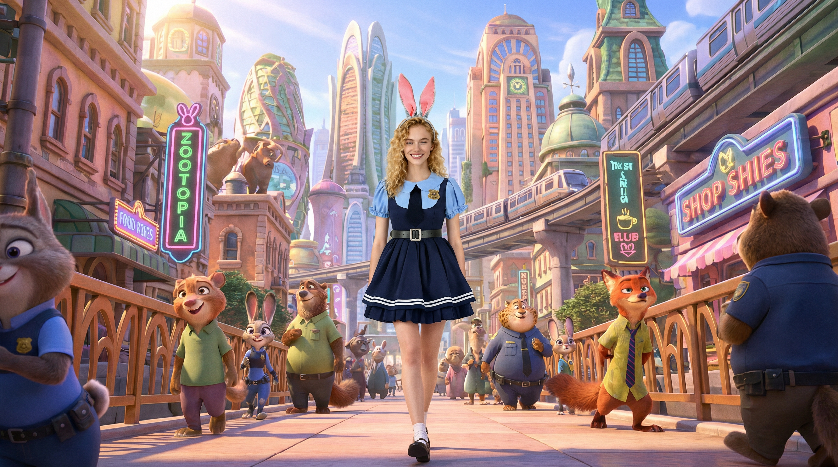 Official COSPLEE Zootopia 2 Judy Hopps Police Officer Cosplay Costume Dress featuring high-grade navy blue polyester, custom ZPD badges, and ergonomic tailoring for professional character cosplay.