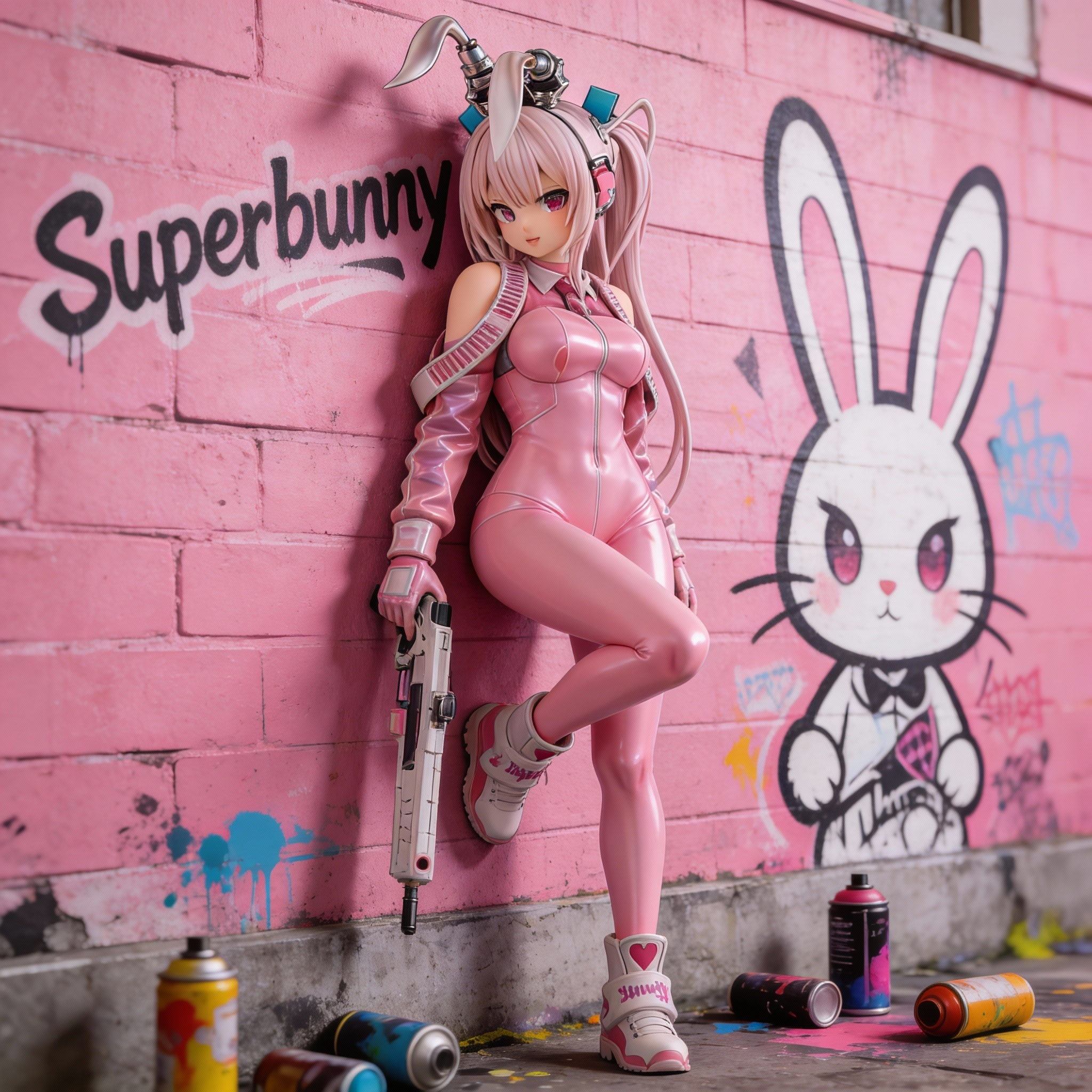 Superbunny - Pink Bunny Girl Anime Statue (Trendy Collectible Art Toy) - Cosplee