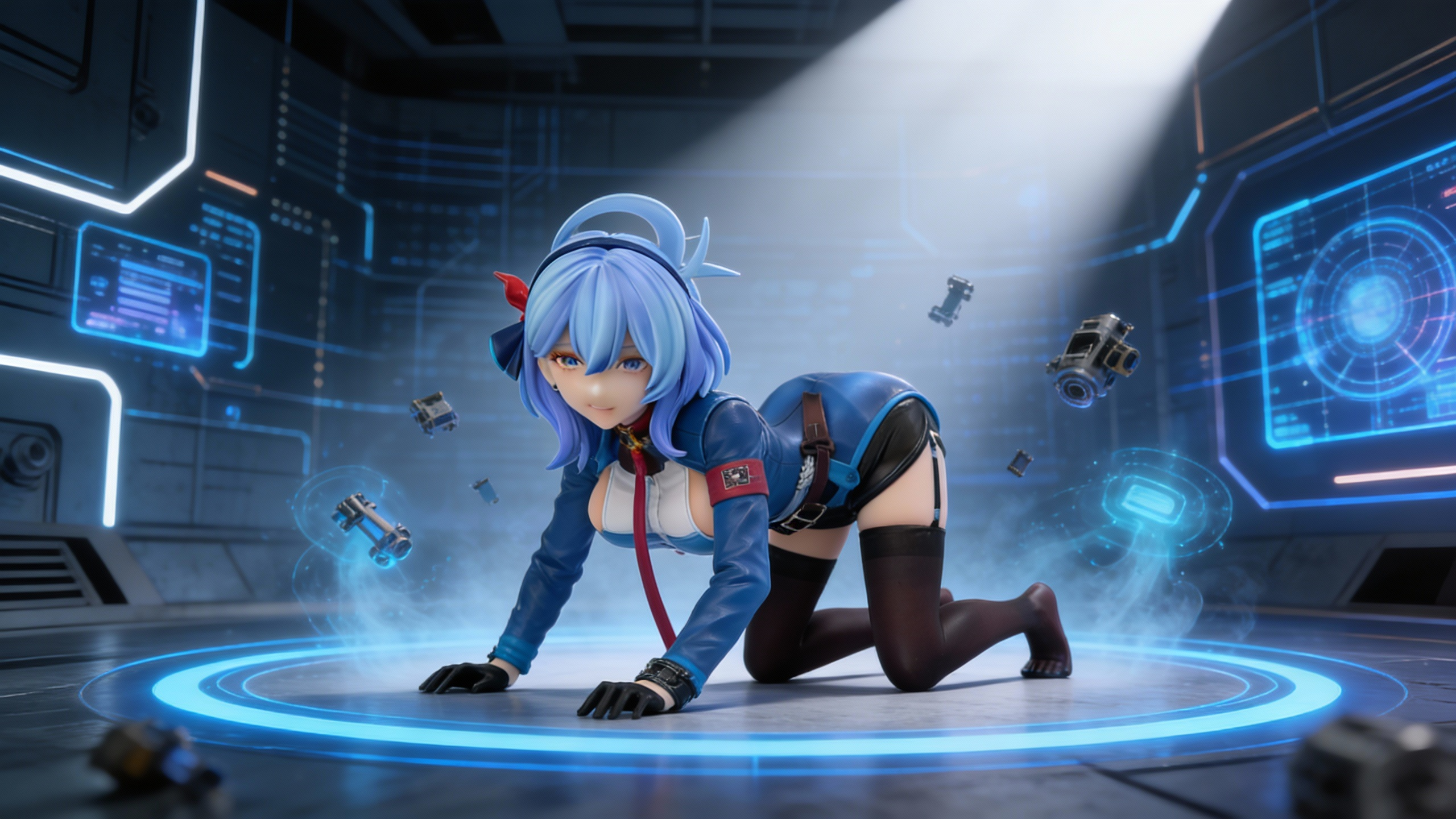 Ako Amau from Blue Archive in a premium lying down pose figure wearing a detailed Gehenna Academy uniform with custom leather accessories.