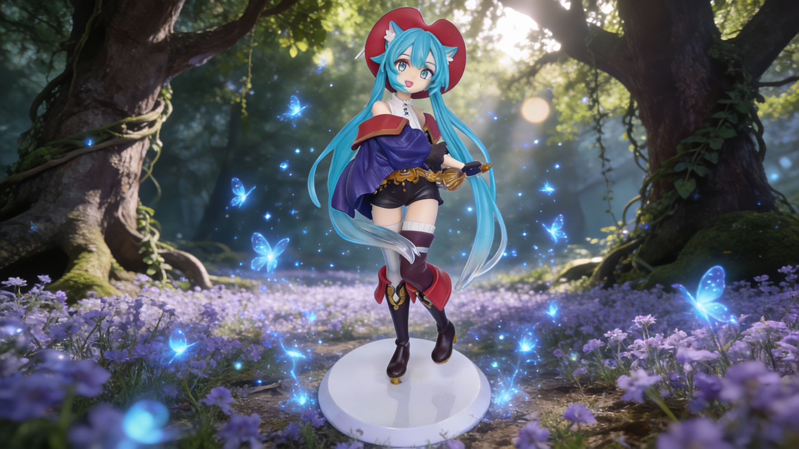 Hatsune Miku Puss in Boots Fairy Tale Wonderland figure showcasing detailed purple and blue jacket with metallic gold brocade accents.