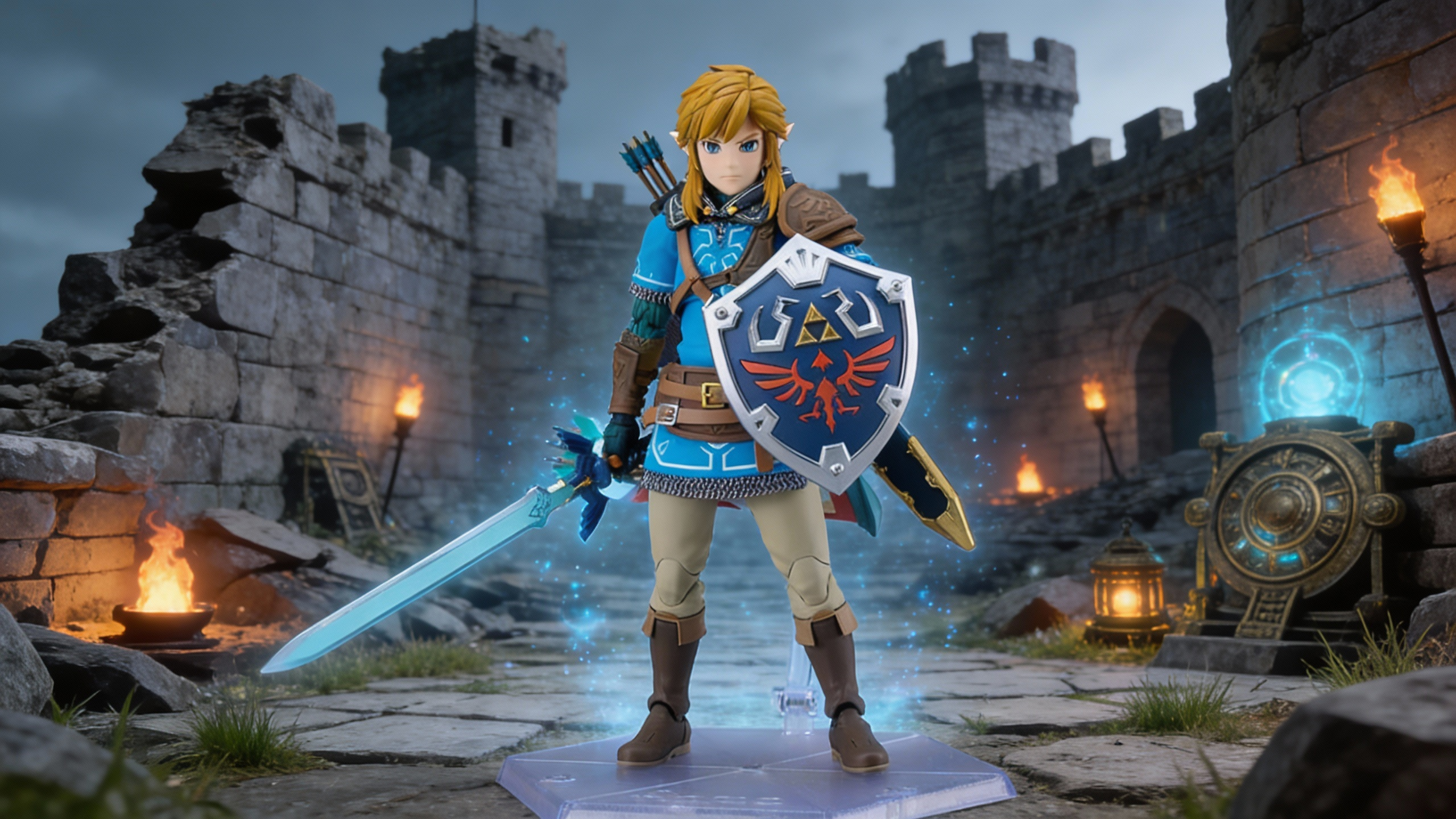 Figma 626 Link action figure from The Legend of Zelda: Tears of the Kingdom featuring the Hylian Shield and Master Sword in a dynamic battle pose.