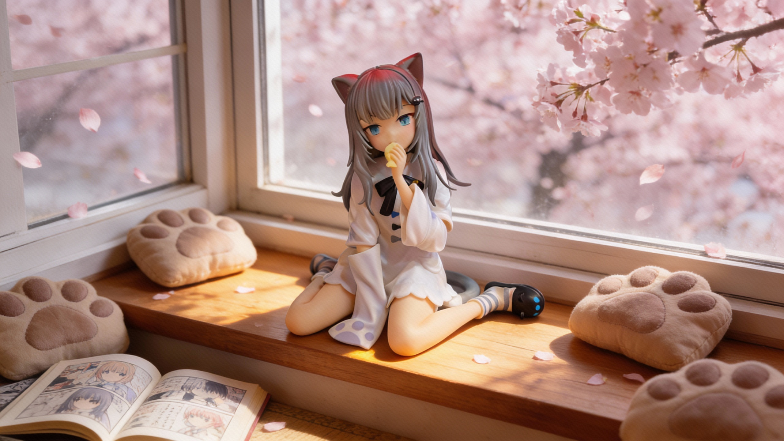 KyoAni style original art figure of a cute cat girl in a sitting pose with striped stockings and detailed feline accessories.