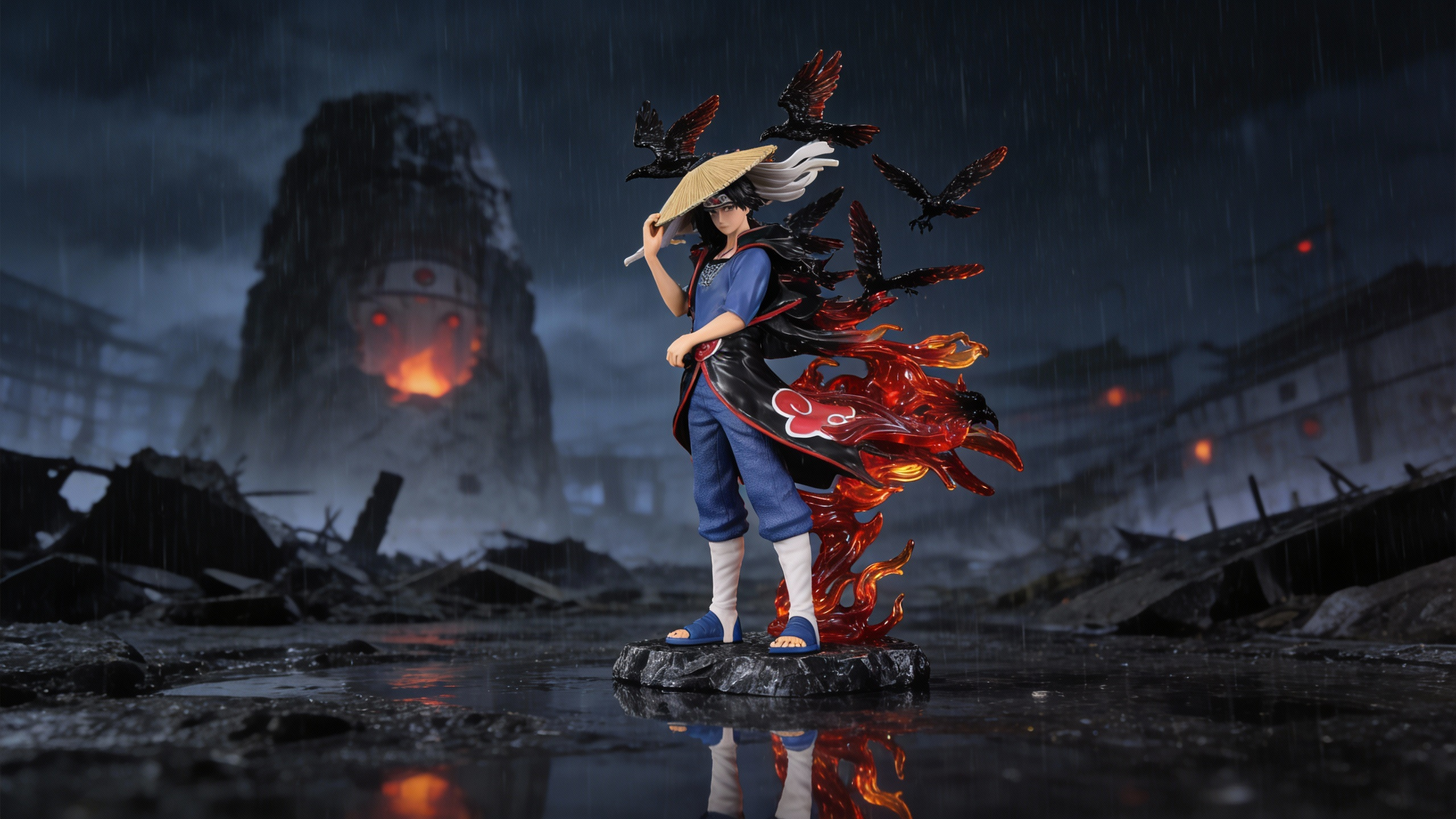 Itachi Uchiha MRJ Edition Statue featuring crow summons and Akatsuki cloak with transparent red chakra effects, premium anime collectible from COSPLEE.