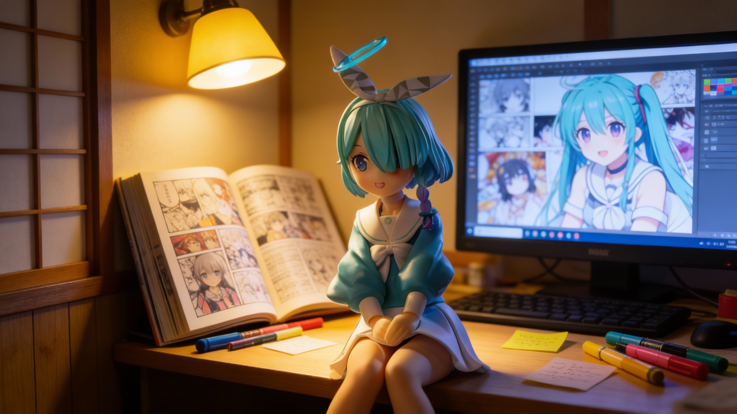 Arona Blue Archive high-end figure in a sitting pose wearing a light blue sailor uniform on a desk setup with Shittim Chest theme.