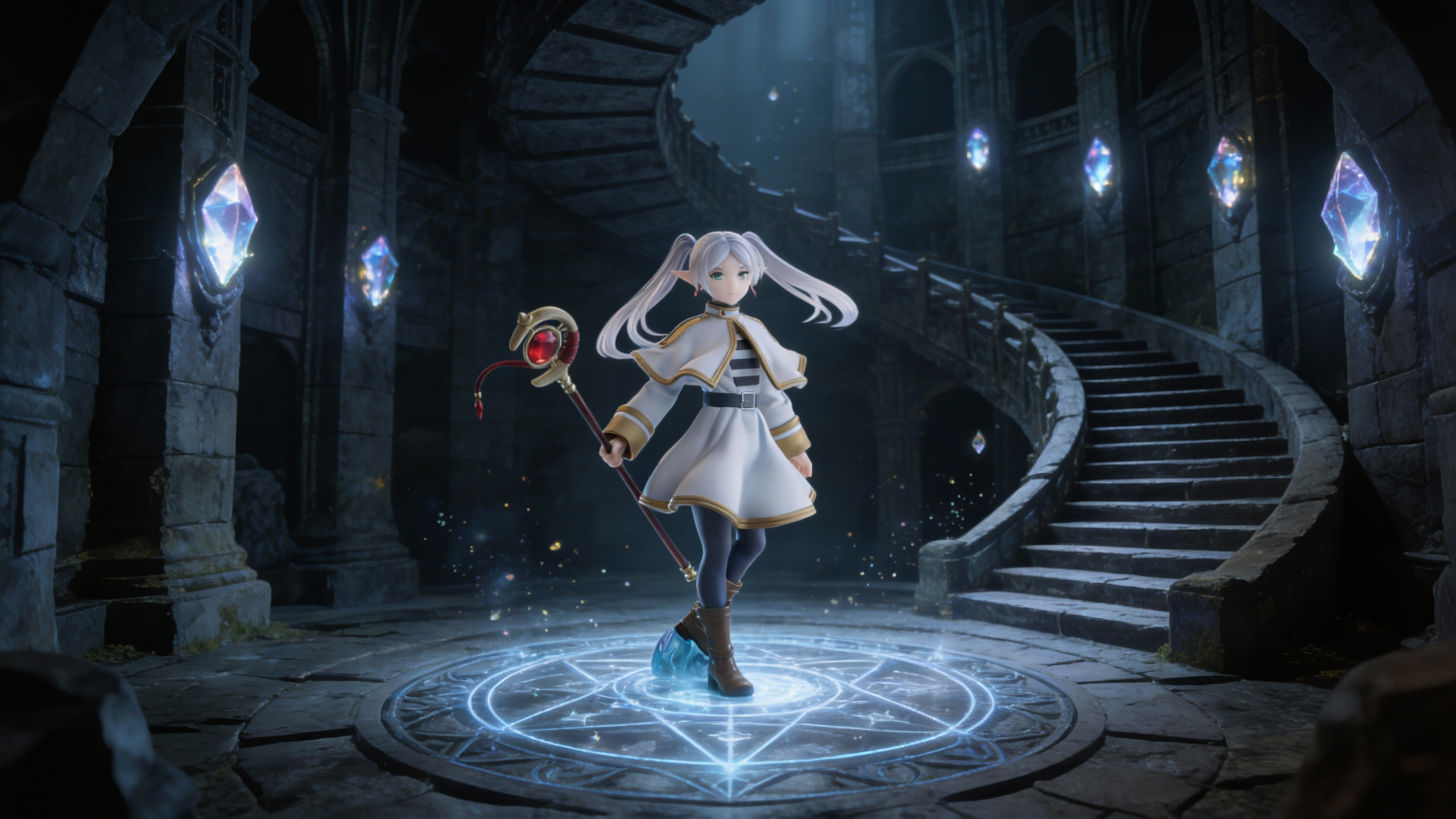 Frieren Beyond Journey's End Anime Figure Elf Mage Desktop Collectible Statue with white and gold robe and signature red earrings.