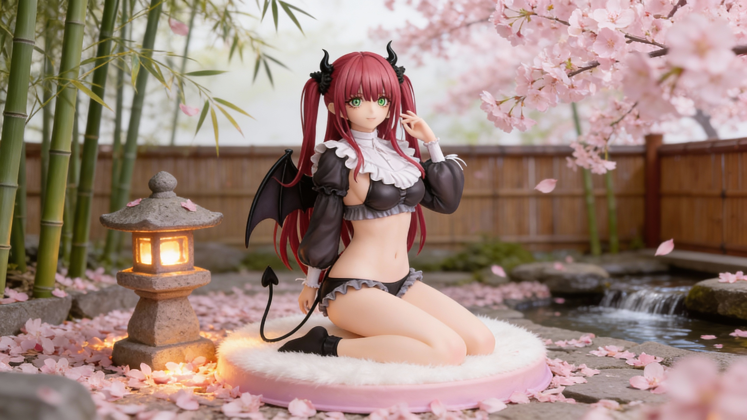 Marin Kitagawa as Liz the Succubus figure featuring a high-gloss black leather outfit, white ruffles, succubus horns, and a dual-portrait design.