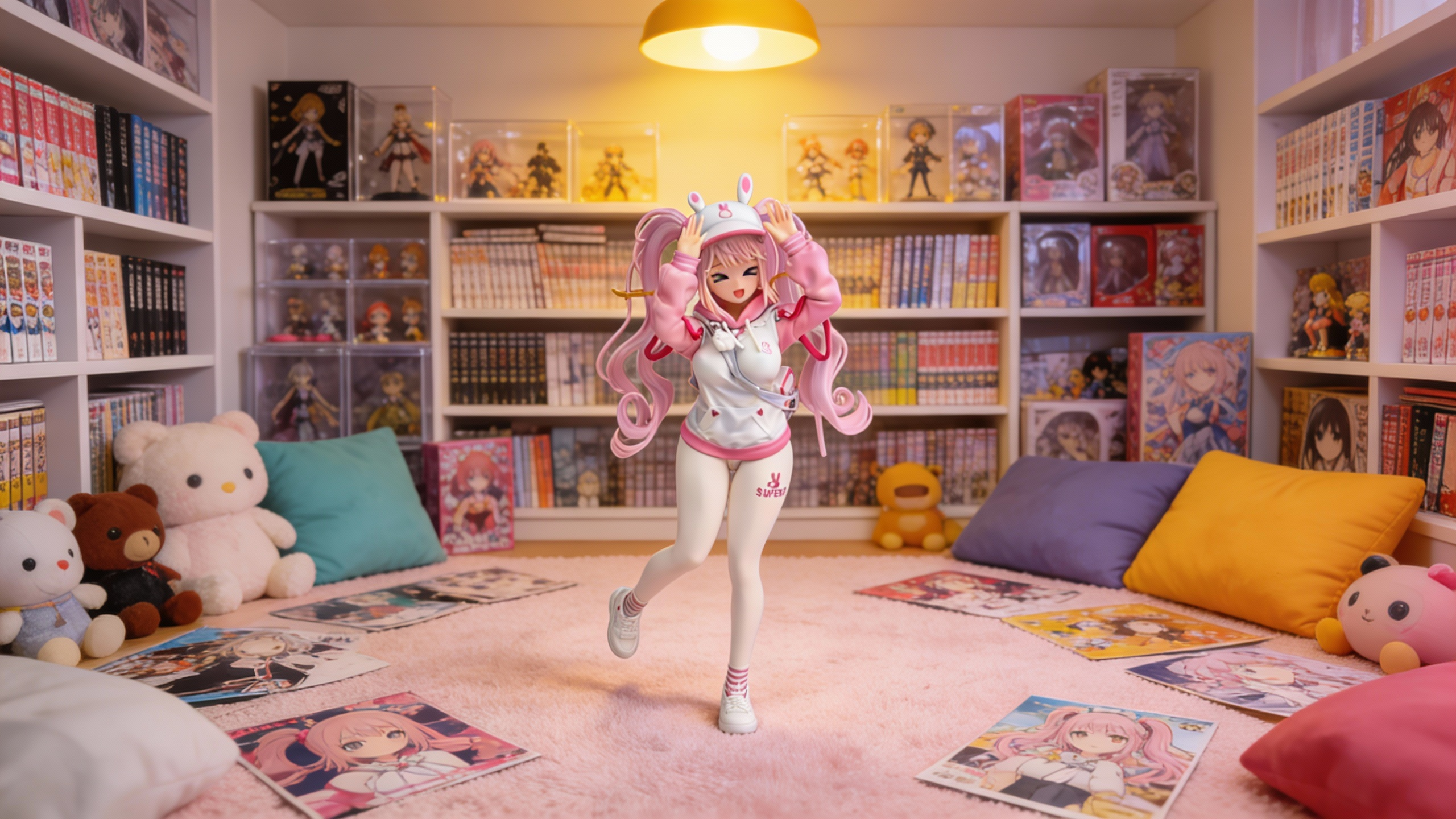 NIKKE Goddess of Victory Alice New Hope limited edition figure with pink hoodie, white bodysuit, and interchangeable face plates.