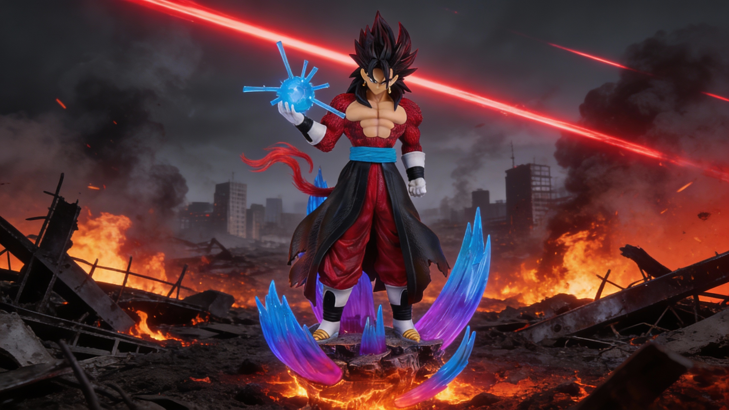 Dragon Ball GT SSJ4 Gogeta premium diorama statue featuring LED light-up effects and dual portraits with crimson primal fur by COSPLEE.