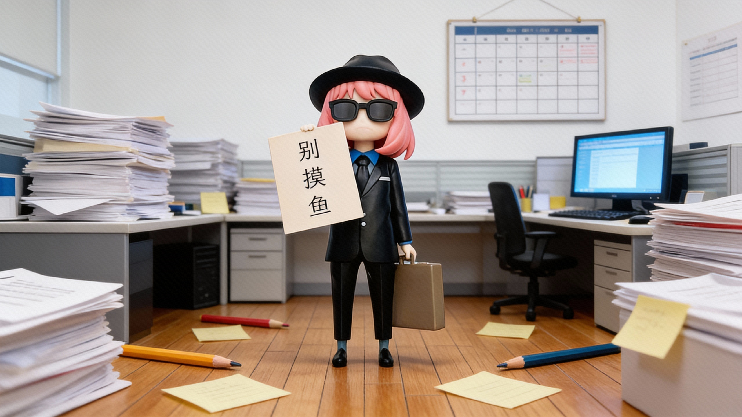 Anya Forger from SPY x FAMILY wearing a black agent hat and holding a No Slacking Off sign on a brick-textured base figure.