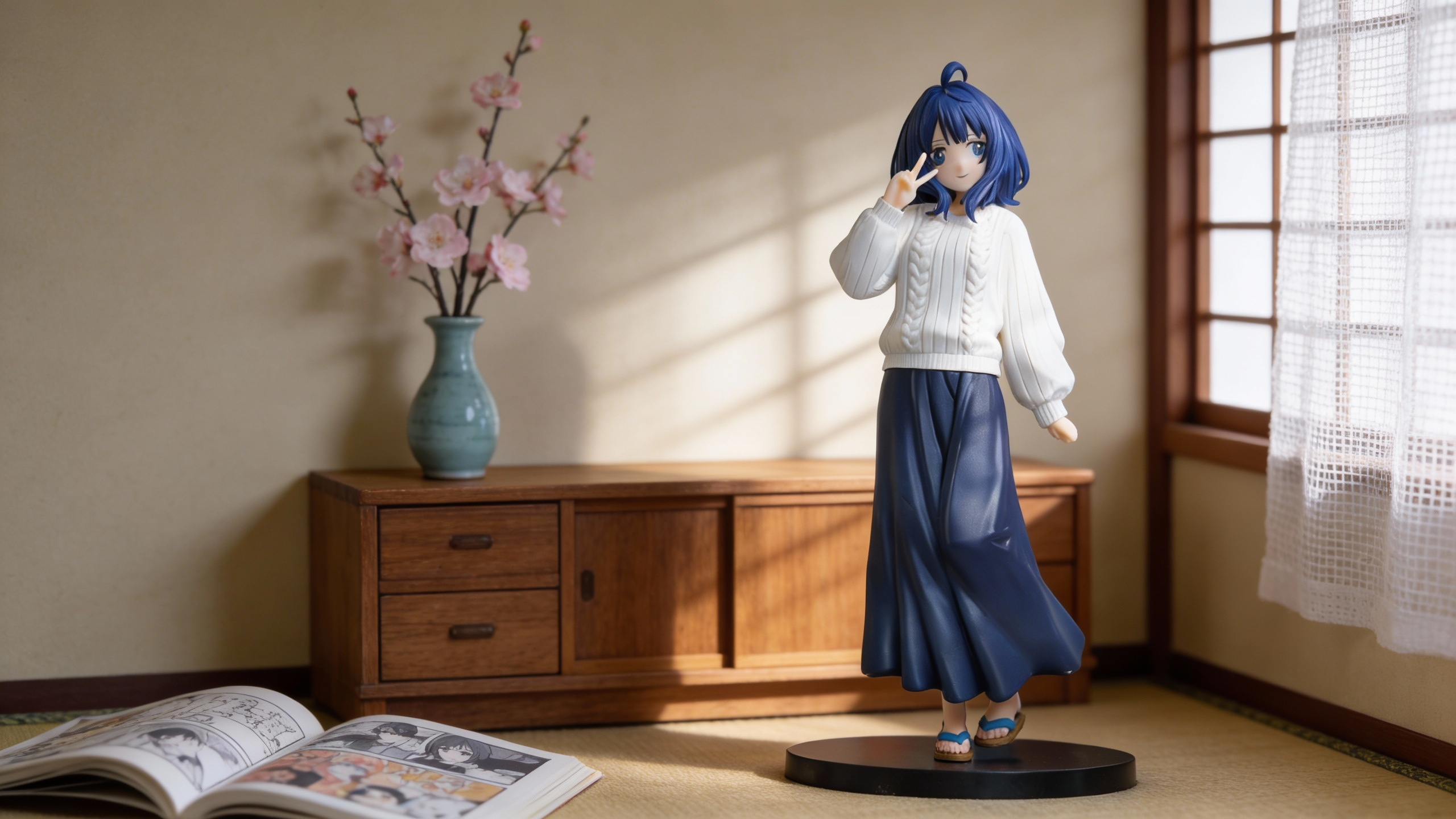 Anna Yanami from Too Many Losing Heroines figure wearing a white cable-knit sweater and blue skirt in a high-end classroom setting.