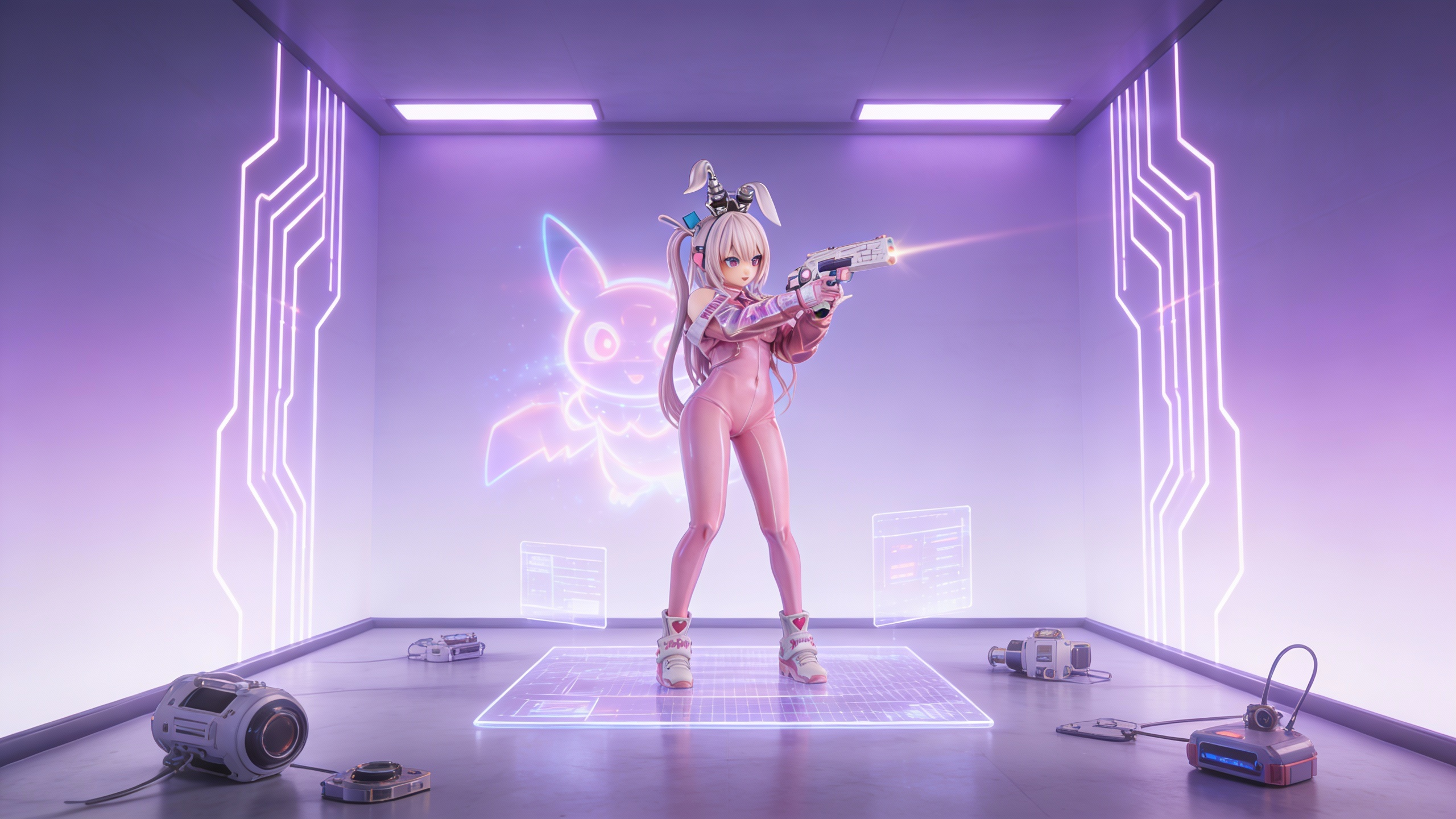 Superbunny anime character wearing a glossy pink latex techwear suit with BIG BUNNY typography and cyberpunk accessories.