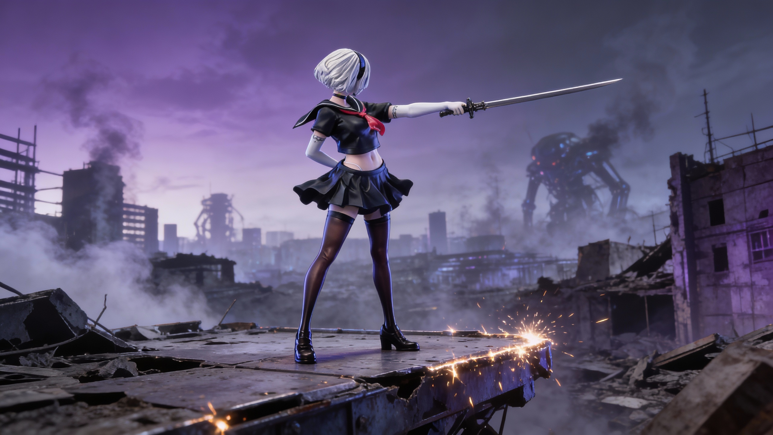 NieR Automata 2B YoRHa No.2 Type B premium edition figure in a dark sailor aesthetic with a red bow and tactical sword.