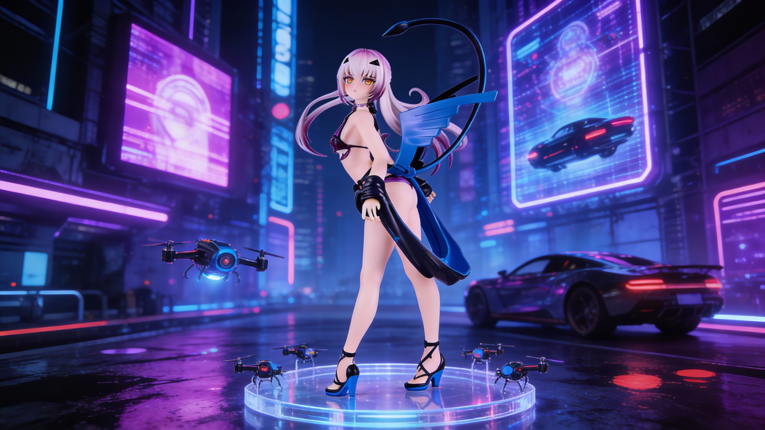 Melusine from Fate/Grand Order in a high-end summer swimsuit figure featuring shiny purple-black patent leather and bright blue mechanical wing accessories.