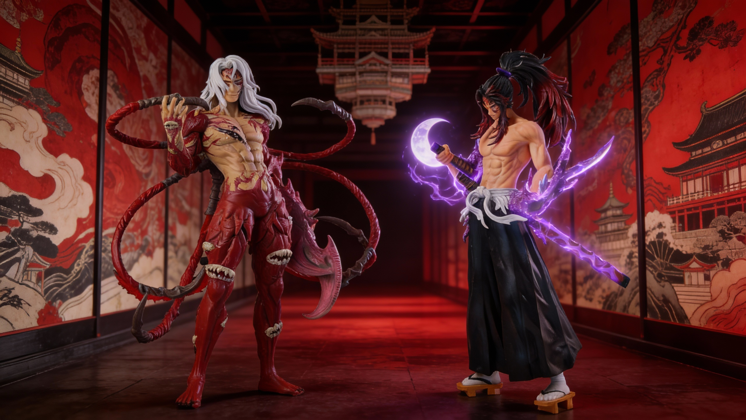 Demon Slayer Premium Collectible Statue Series featuring Kokushibo with six eyes and Kibutsuji Muzan in a high-end luxury display.