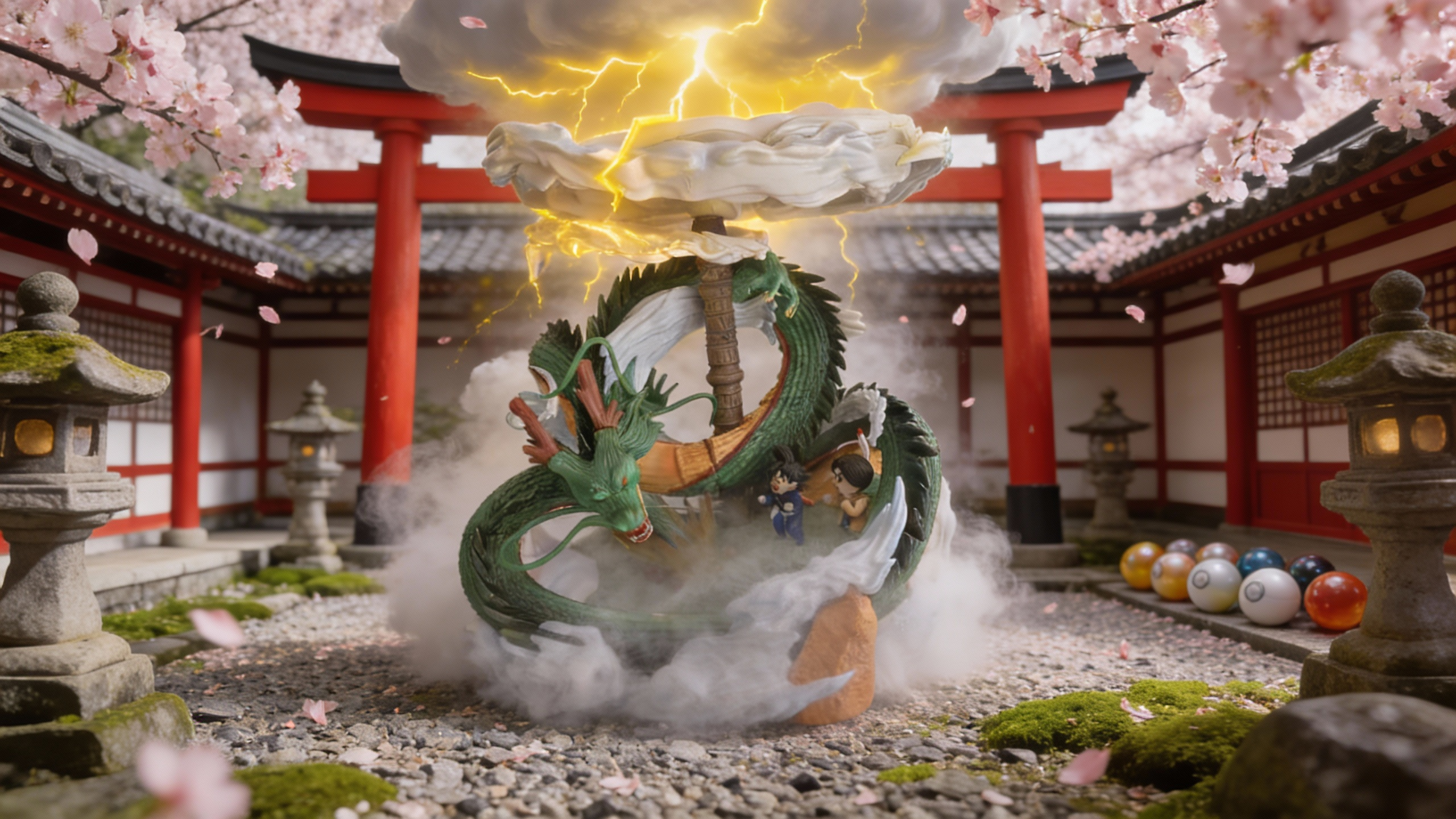Dragon Ball Karin Tower with Kid Goku and Shenron statue showcasing mystical green dragon scales and spiraling tower architecture by COSPLEE.