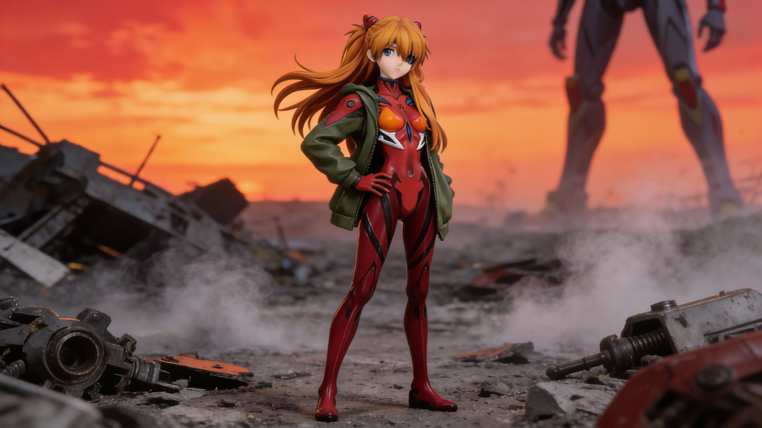Asuka Langley Soryu desktop PC case version figure standing next to a high-end gaming computer with red RGB lighting and NERV decals.