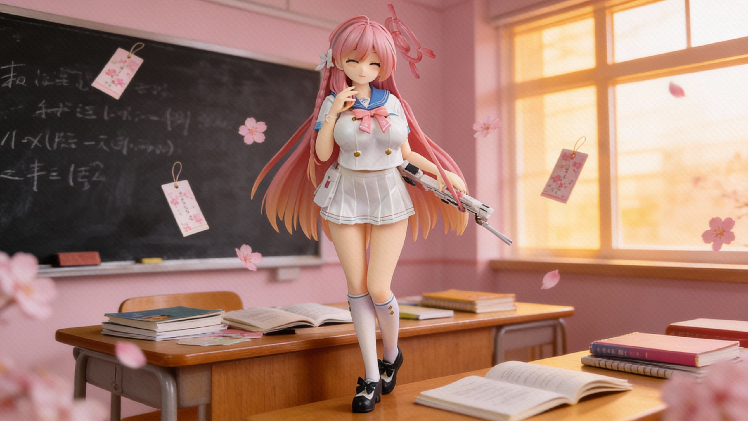 Detailed Hanako Urawa Blue Archive figure featuring her signature Trinity General School uniform, tactical gun, and glowing halo.