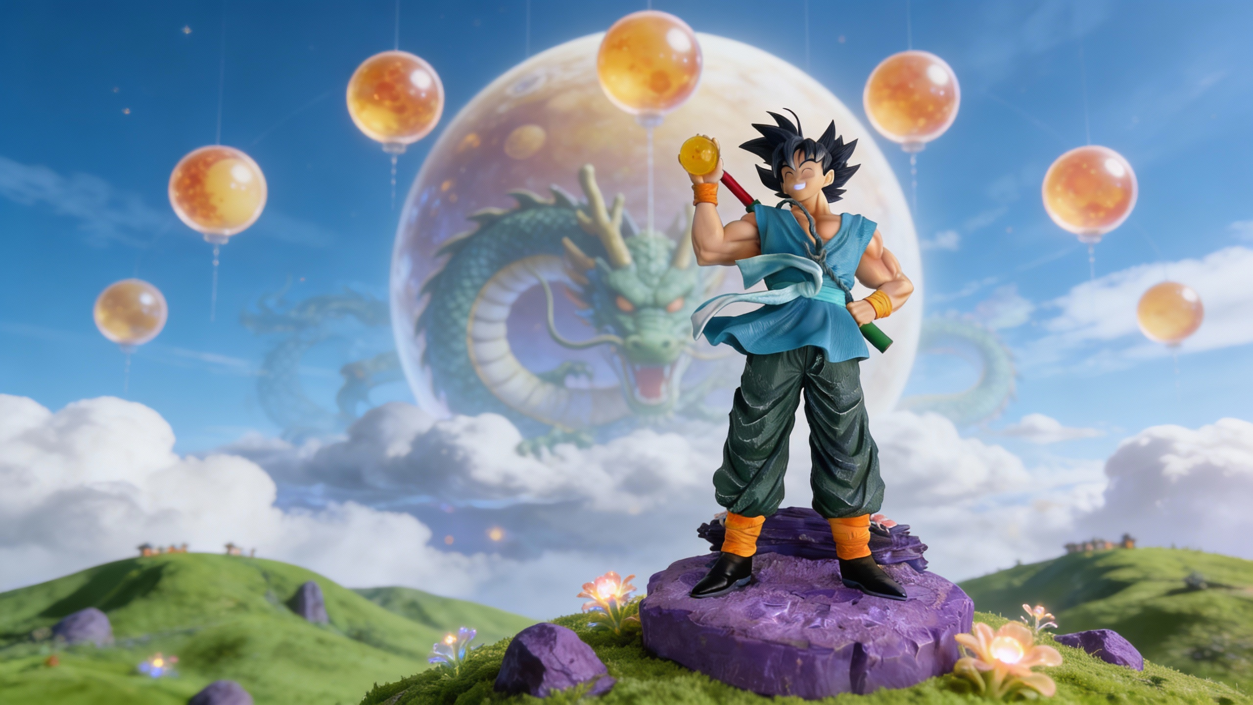 Young Goku laughing pose statue with Four-Star Dragon Ball and Power Pole featuring high-end textured clothing by COSPLEE.