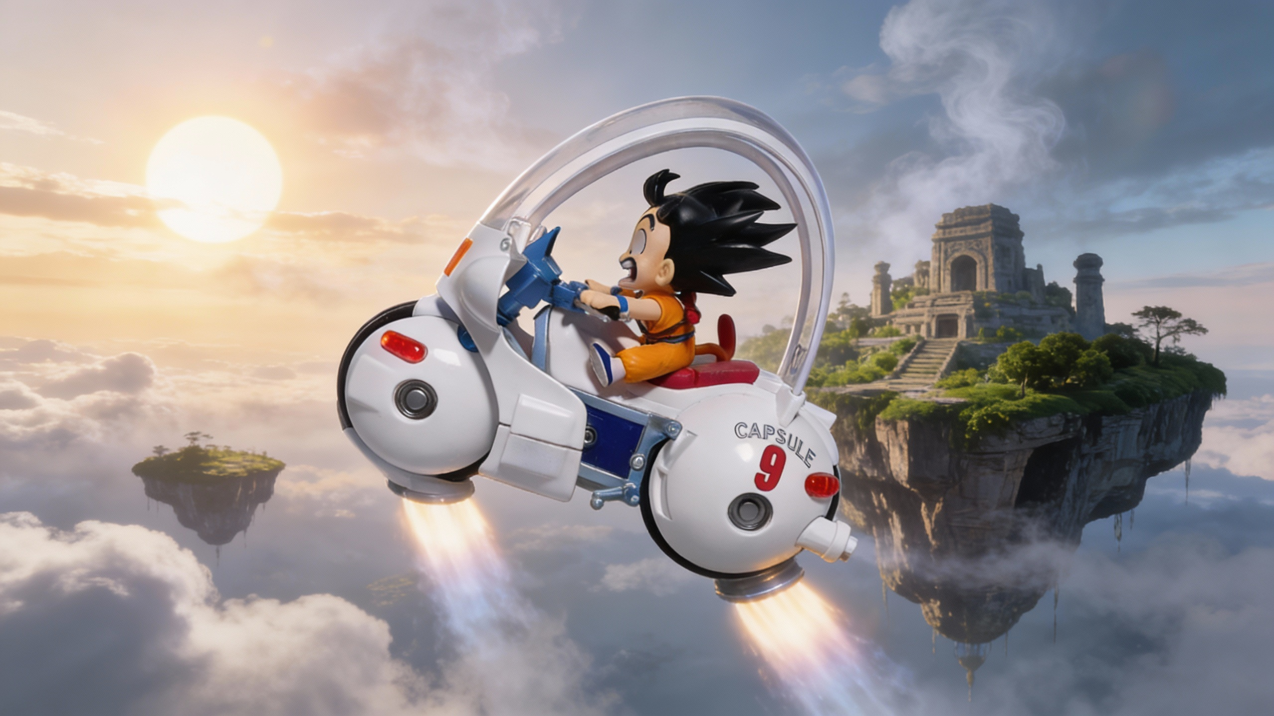 Bulma and Kid Goku on the Capsule No. 9 motorcycle with a transparent diorama base, high-end MH Desktop Series collectible by COSPLEE.