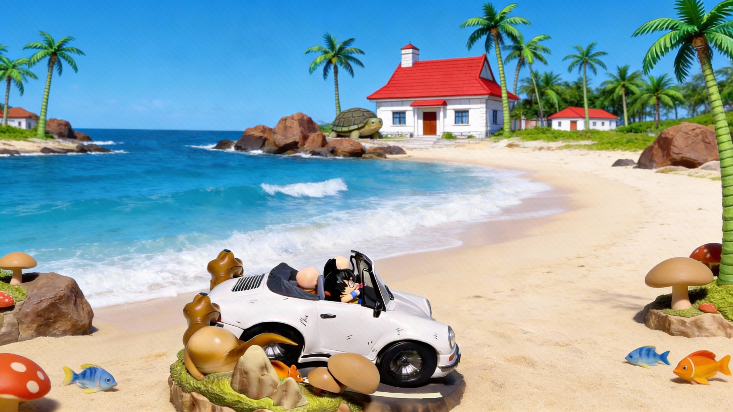 Master Roshi and students Goku and Krillin in a white Porsche 911 convertible, Turtle School high-end diorama with luxury Kame House decor.