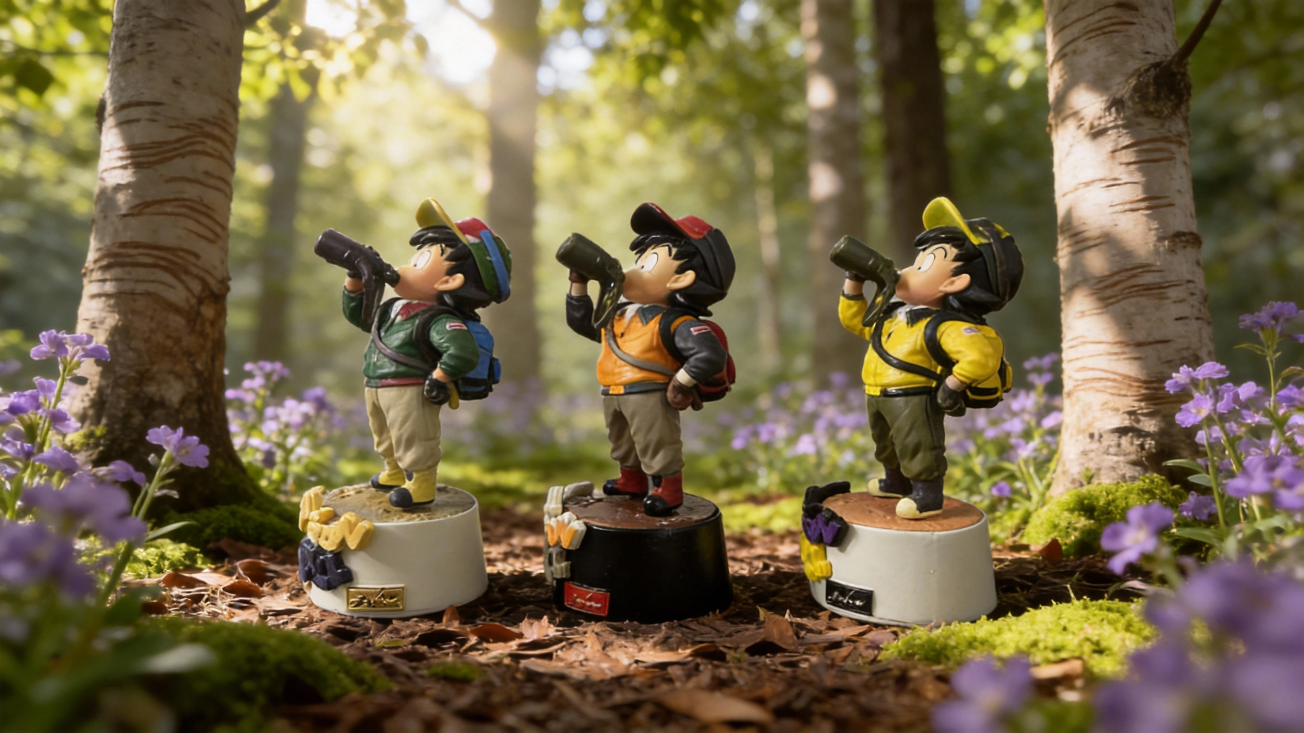 Kid Goku 2.0 collectible figure in adventure gear, holding binoculars and a water canteen, available in forest green, vital orange, and bright yellow variants.