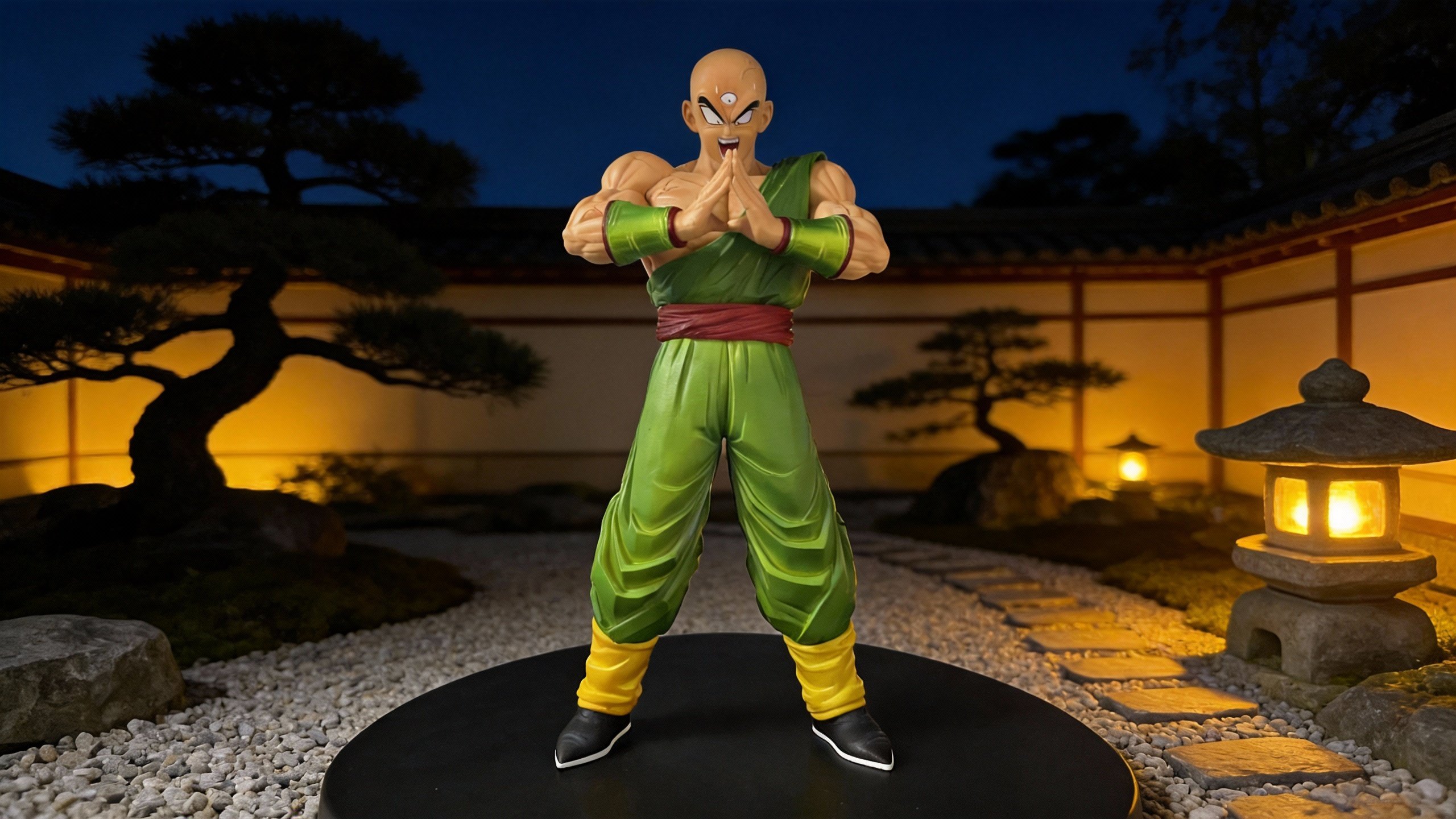 Premium Tien Shinhan resin statue in a classic martial arts battle stance, showing detailed muscle definition, the third eye, and the iconic green one-shoulder Crane School uniform.