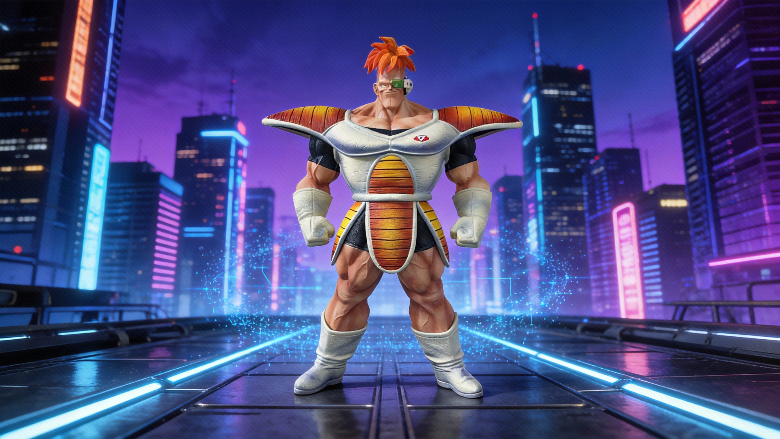 Premium Recoome resin statue in iconic Ginyu Force battle pose, showing detailed muscular anatomy, battle-worn Frieza Army armor, and a translucent green scouter.