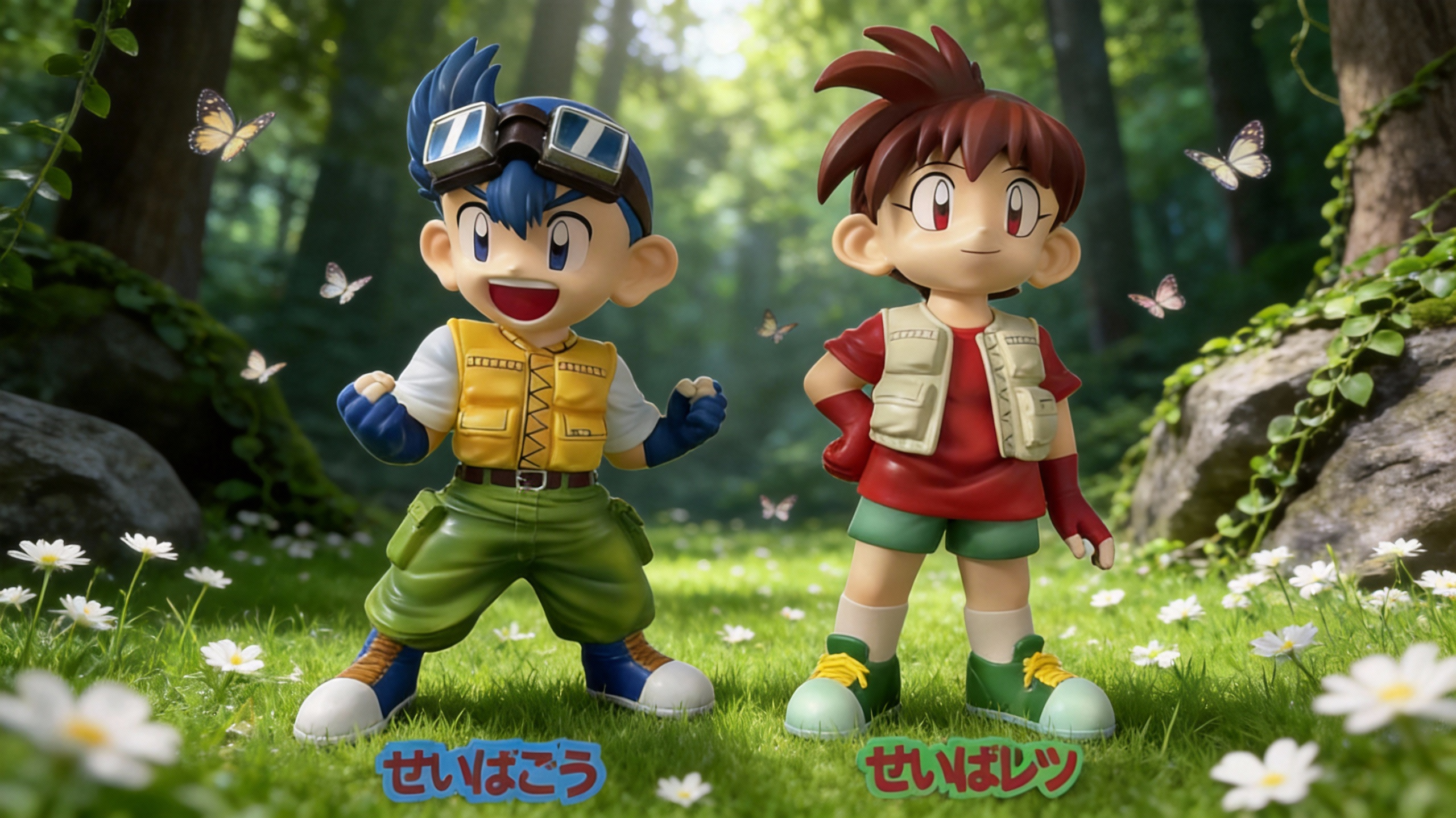 Premium mini figure set of Go and Retsu Seiba in their classic racing gear, featuring goggles, vests, and cargo shorts with high-fidelity color accuracy.
