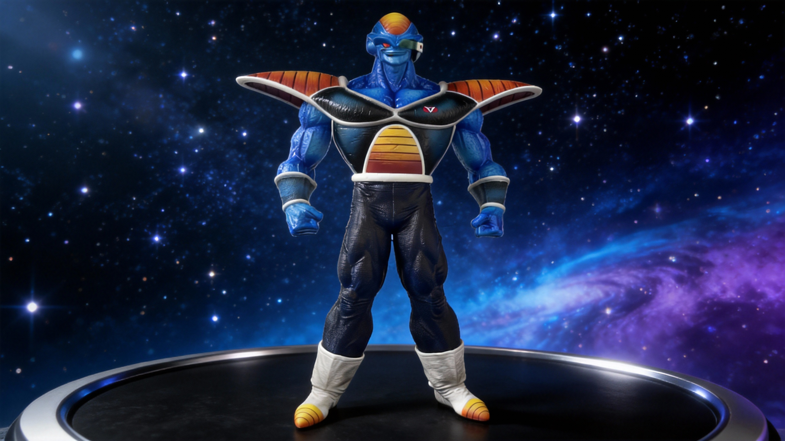 Burter GK Statue from Ginyu Force Elite Trio, showing tall blue muscular physique, black spandex suit, white battle armor, and orange head protrusions in a high-speed action pose.