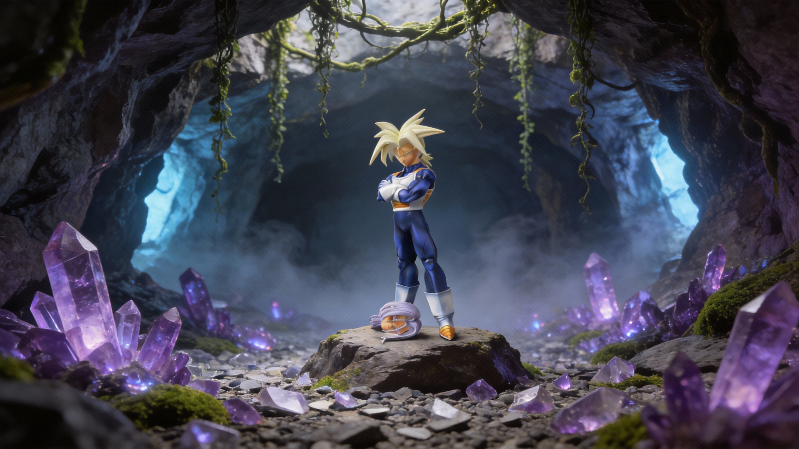 Future Trunks Super Saiyan GK statue standing on a defeated enemy base, wearing royal blue and white Saiyan armor with golden hair and intense blue eyes.