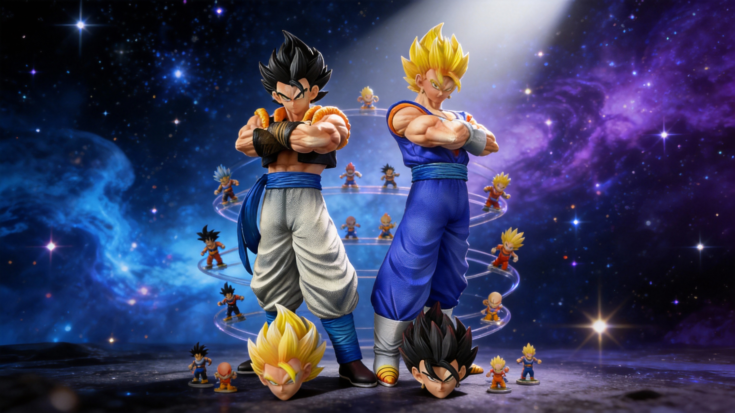 Gogeta dual-head GK statue showing both base form black hair and Super Saiyan gold hair options, wearing the iconic black and orange Metamoran vest and white baggy pants.