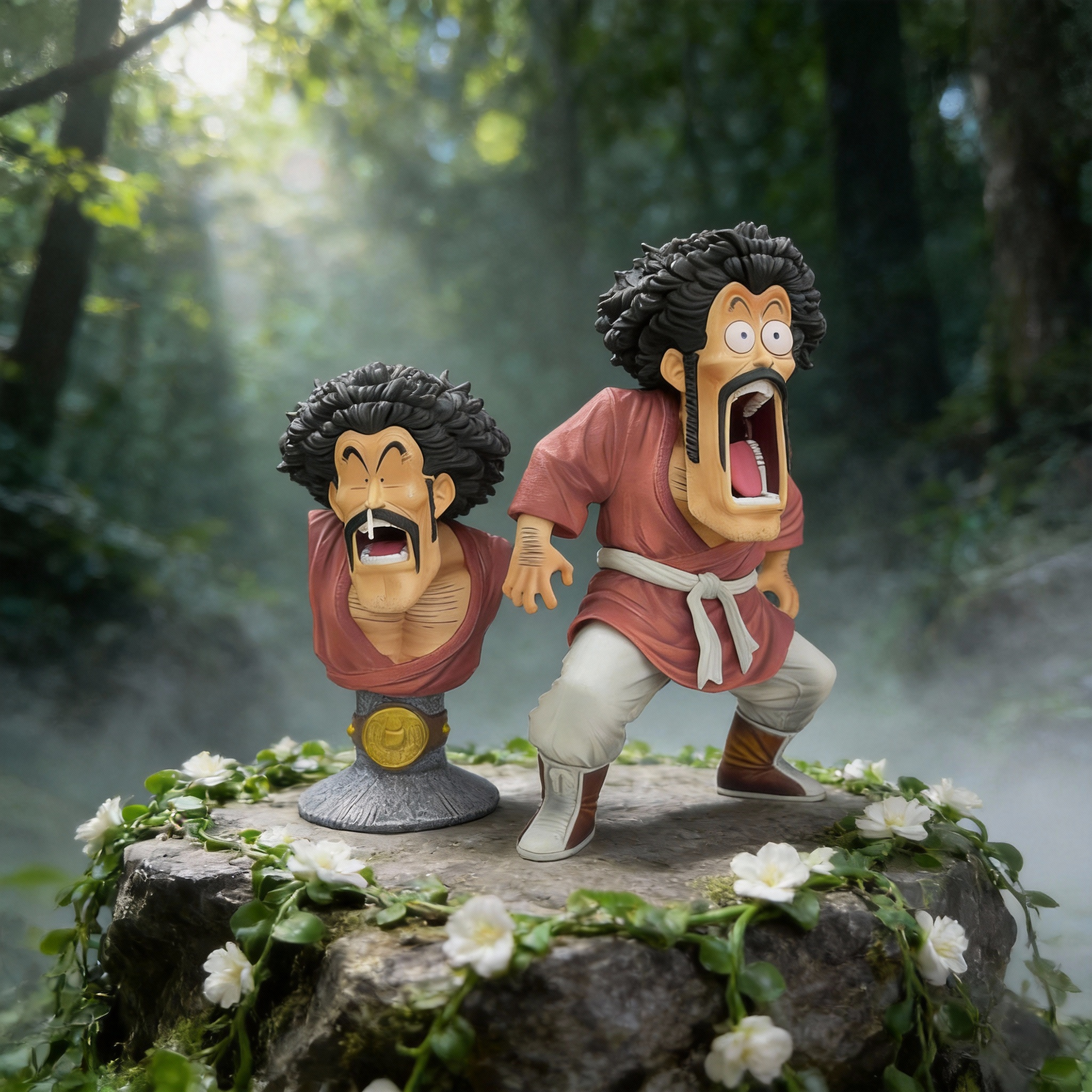 Mr. Satan 18cm comic portrait bust featuring an exaggerated shouting expression, afro hair, maroon martial arts gi, and shiny gold champion belt on a premium base.