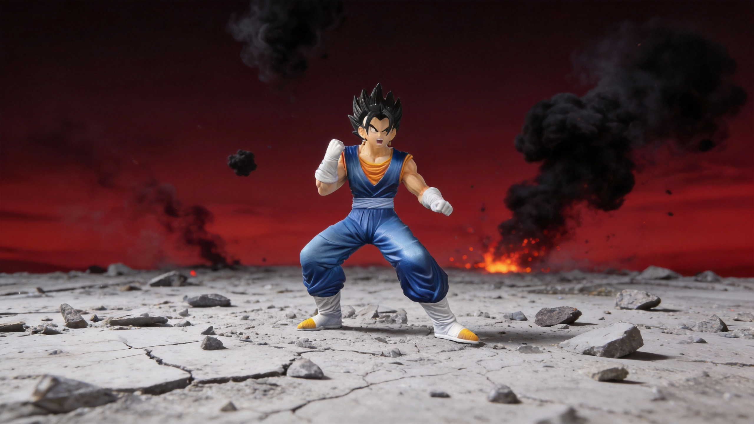 Limited Edition Ronin Vegito GK Statue with inverted blue and orange gi, base form black hair, standing on a shattered rock base with cinematic lighting.