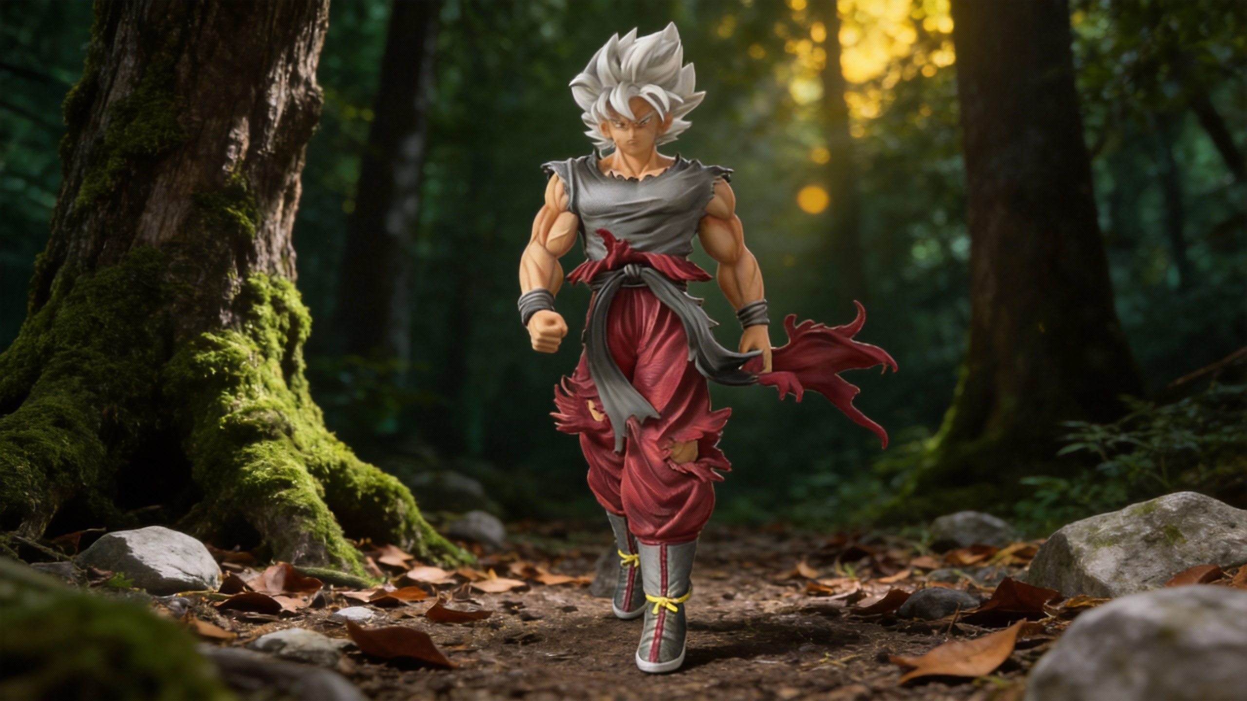 Ultra Instinct Goku GK statue in a Japanese Zen Garden diorama with stone lanterns and cherry blossoms, featuring highly detailed battle-damaged orange gi and dual hair color options.