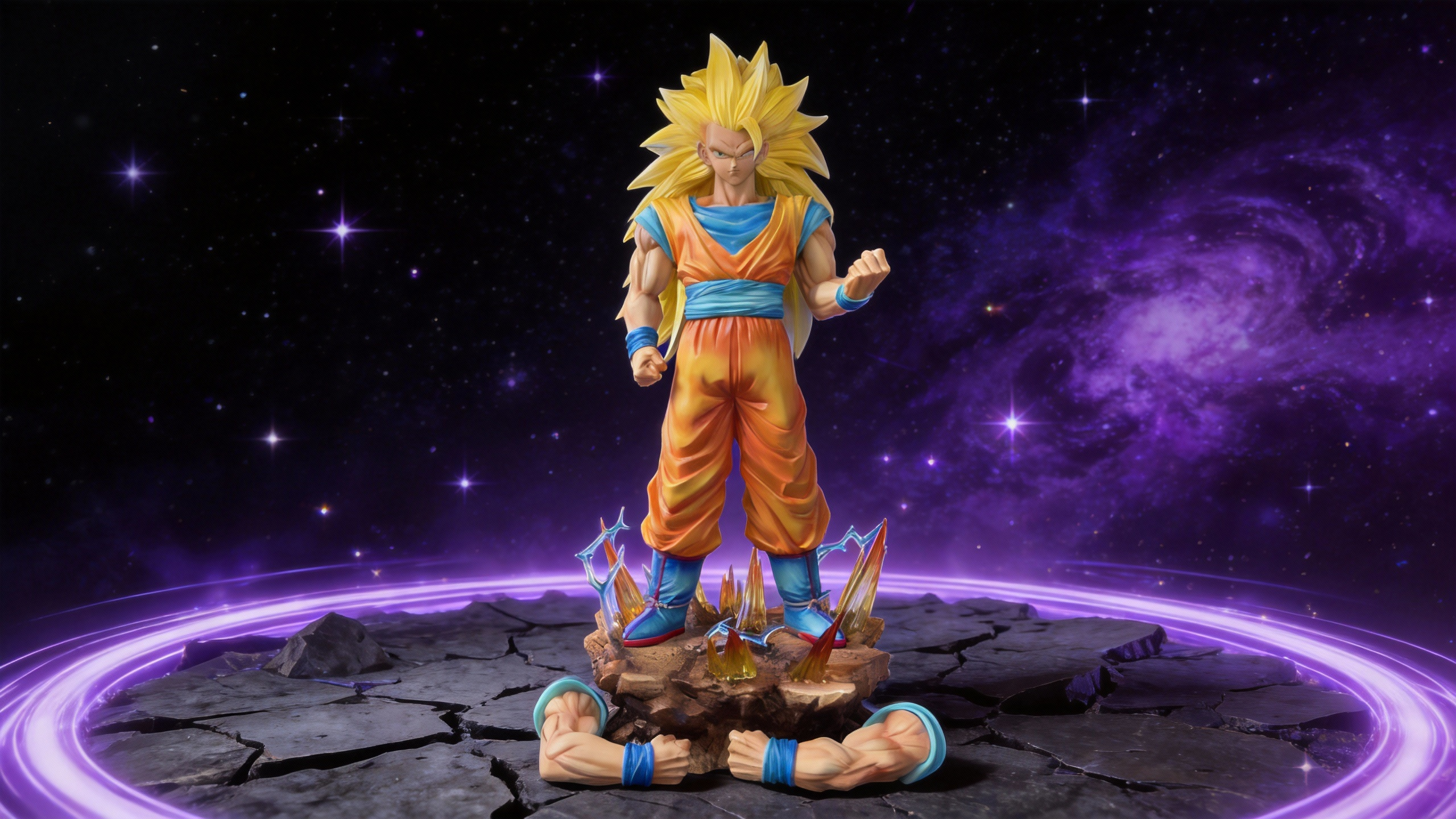 SSJ3 Goku GK statue with massive cascading golden hair, intense facial expression without eyebrows, wearing a classic orange and blue gi on an energy-infused base.