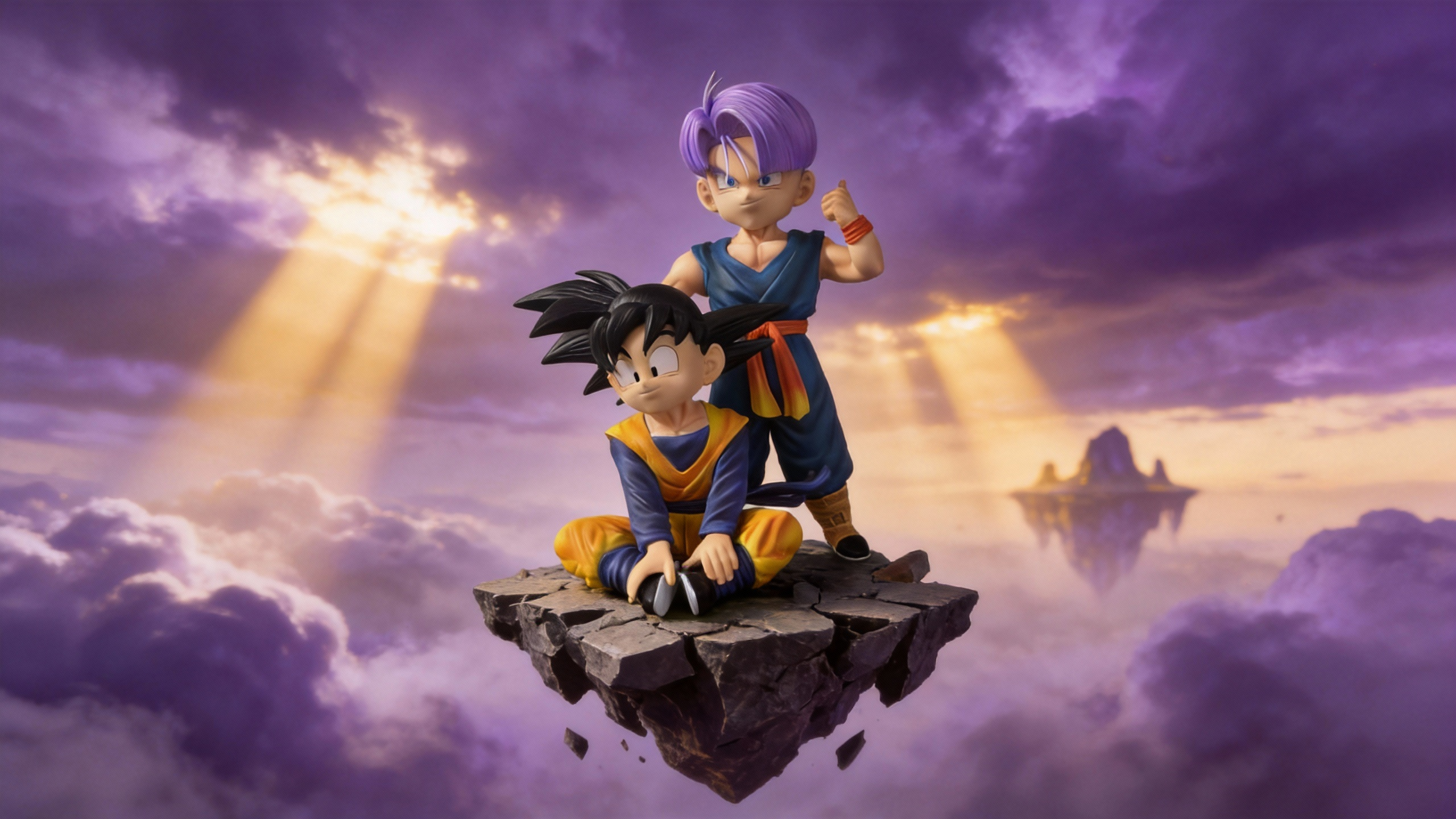 Kid Goten and Kid Trunks high-end GK statue set featuring Goten in orange gi and Trunks in dark blue suit standing on a realistic grass and rock base.