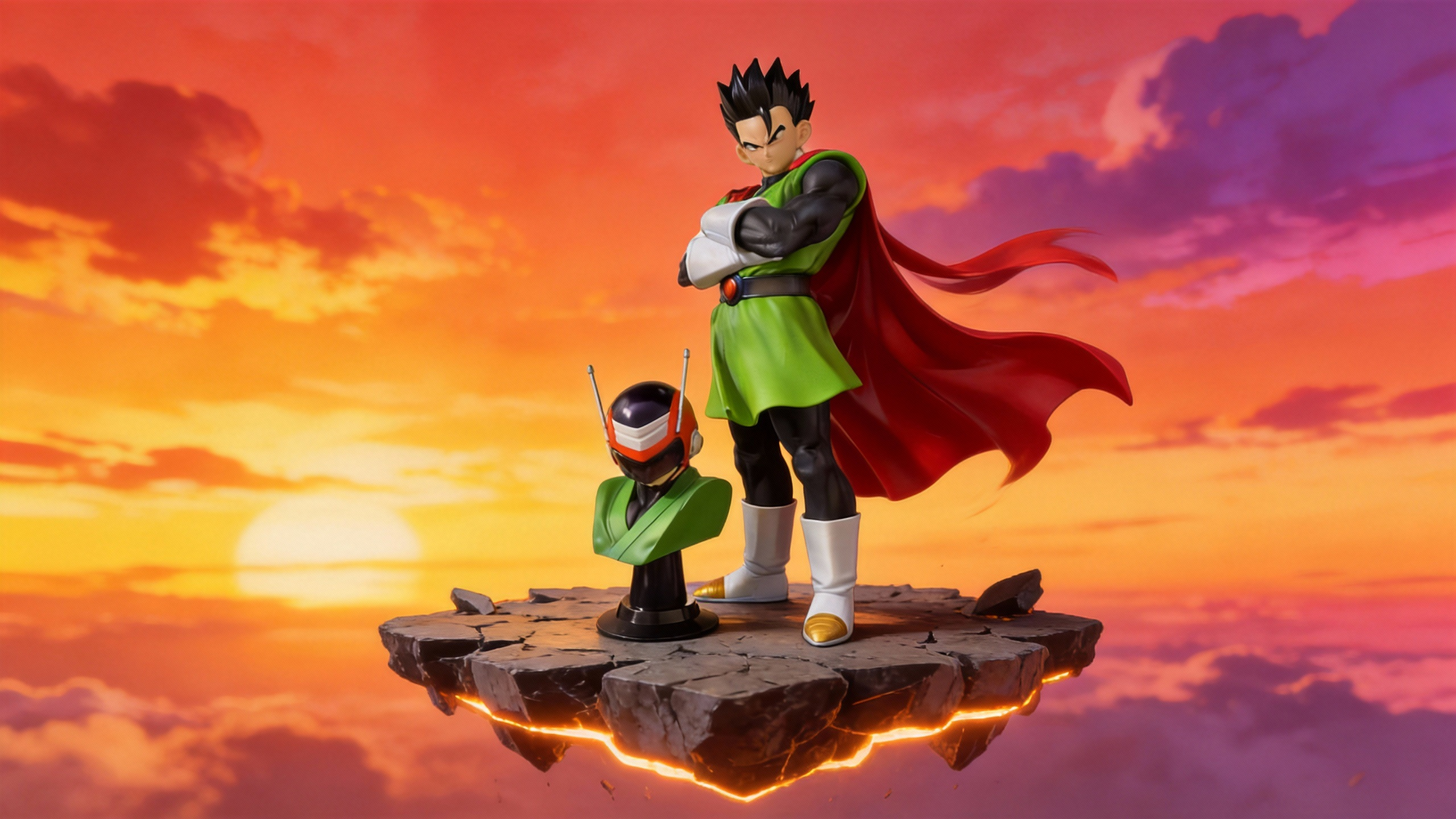 Great Saiyaman Gohan GK statue with arms crossed, featuring red cape and green tunic, dual head exchangeable between helmet and Ultimate Gohan face.