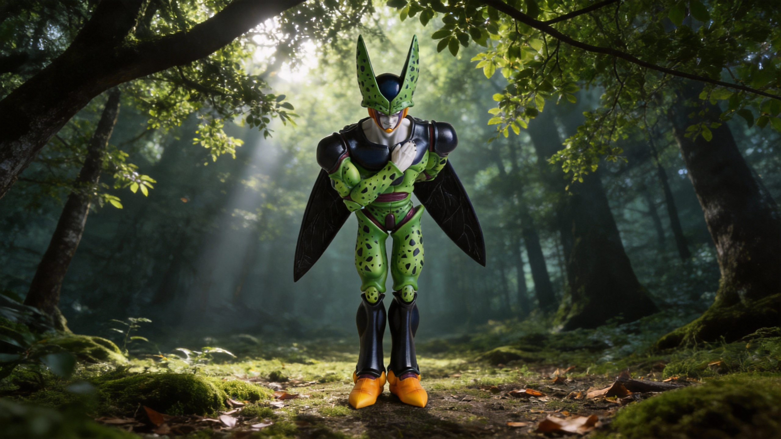 Premium Perfect Cell FC Version Resin Statue by COSPLEE, featuring a dynamic bowing pose, organic green and purple textures, and glossy black wing aesthetics.