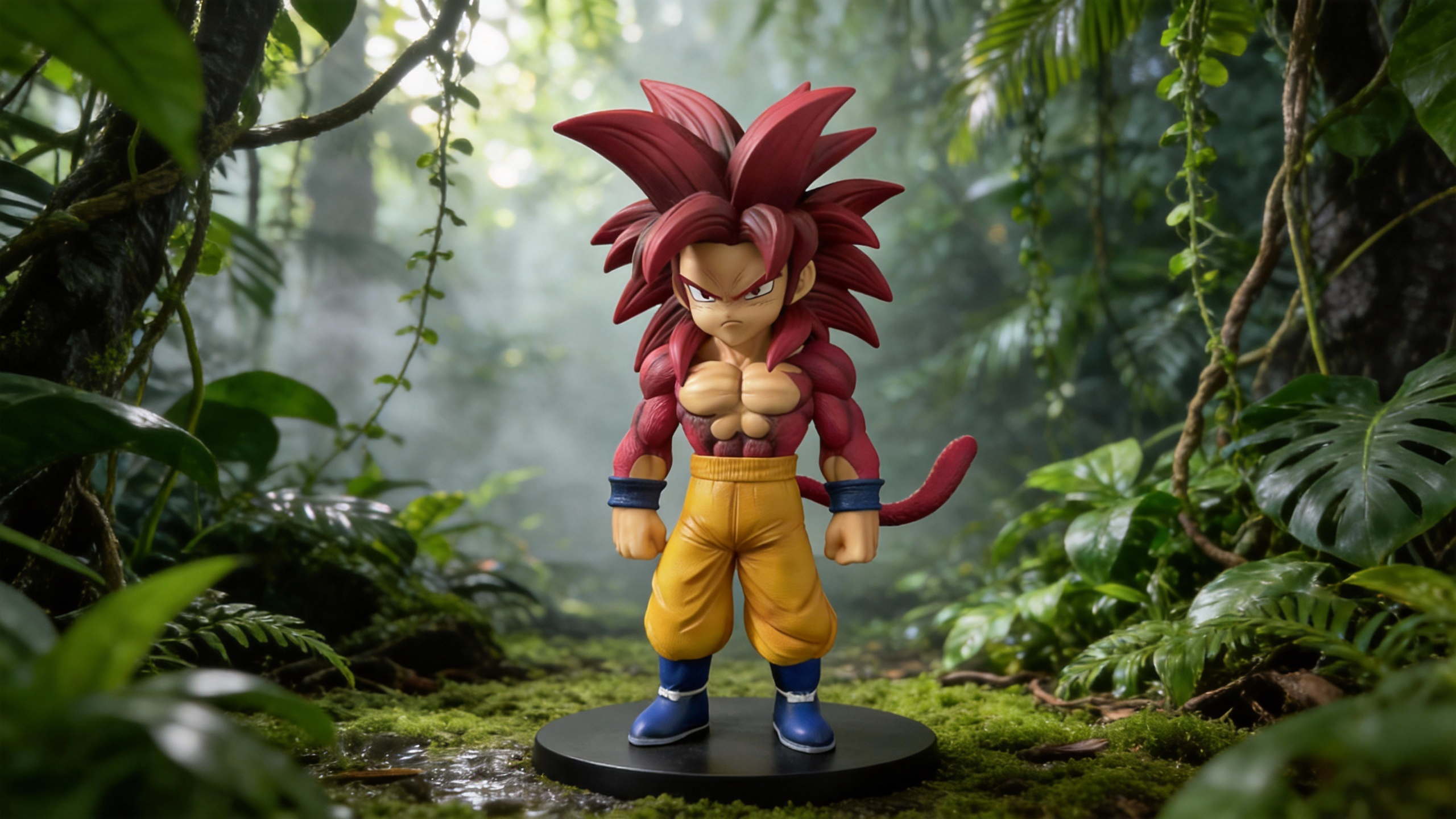 Super Saiyan 4 Goku Chibi GK statue with crimson red fur, yellow martial arts pants, and sharp black eyeliner, standing in a primal power pose.