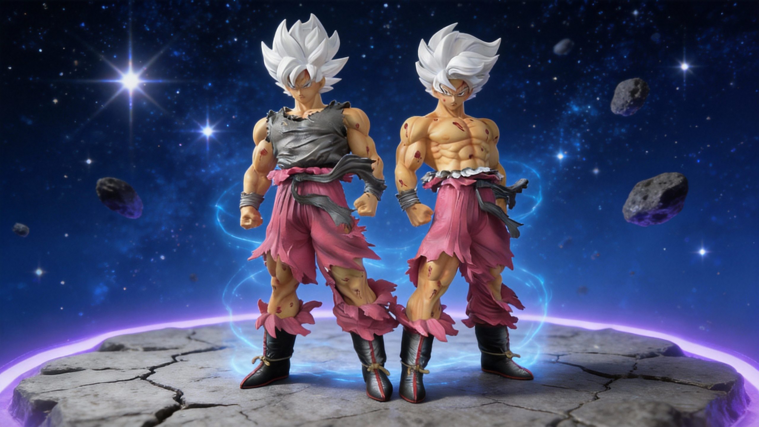 SSJ5 Goku GK statue with long silver hair, muscular battle-damaged torso, red fur details, and half-closed eyes representing combat exhaustion.