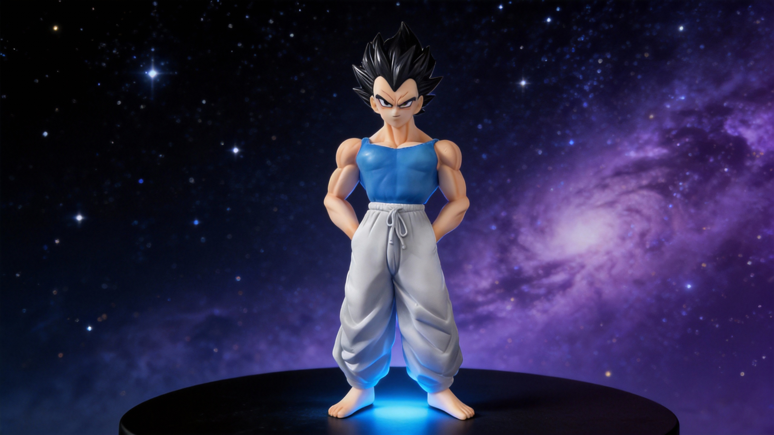 Vegeta training suit figure with hands on hips, wearing a blue tank top and grey pants, featuring realistic muscle definition and barefoot design on a minimalist base.
