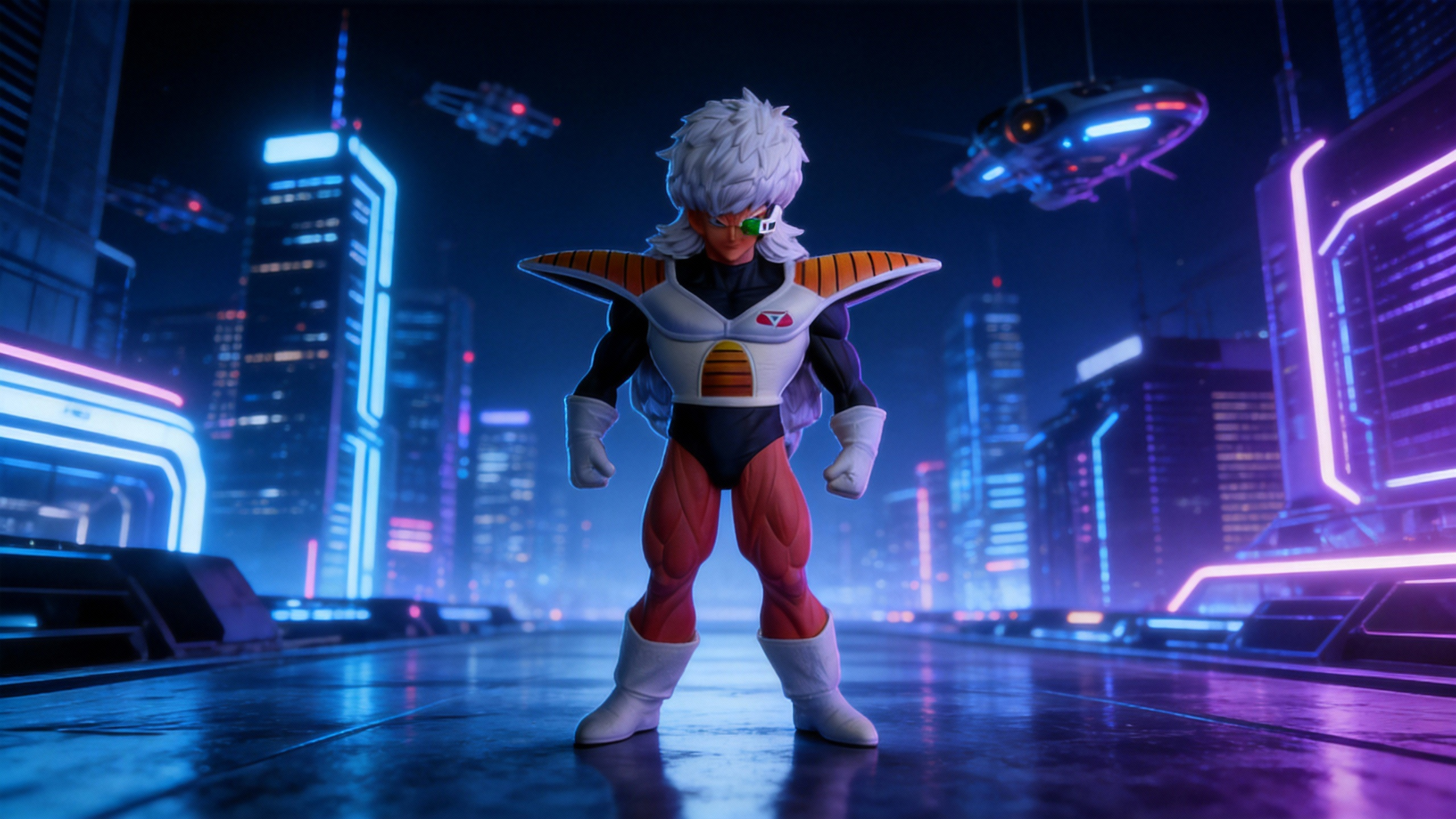 Premium Jeice resin statue in action pose with vibrant crimson skin and long silver hair, wearing detailed Frieza Army battle armor with a green scouter.