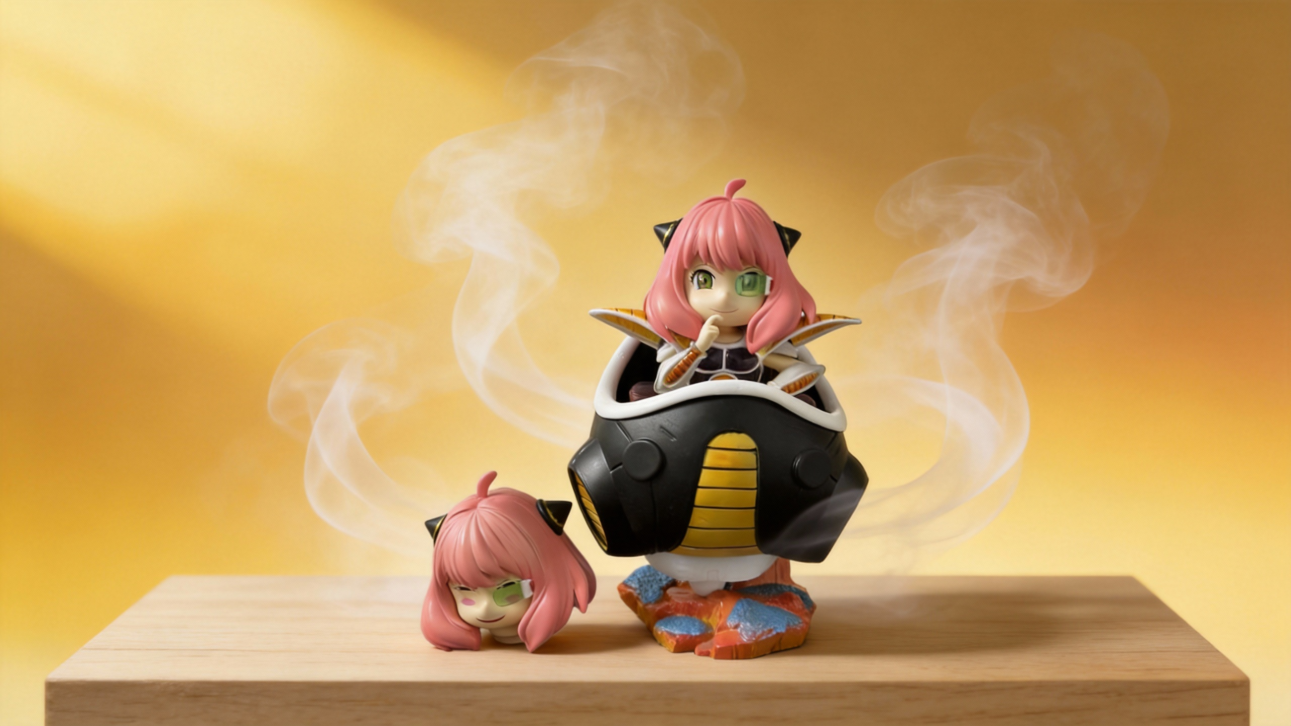 Premium Anya Forger crossover figure inside a Dragon Ball Cell incubation pod, featuring detailed mechanical bio-organic textures and Anya's signature pink hair.