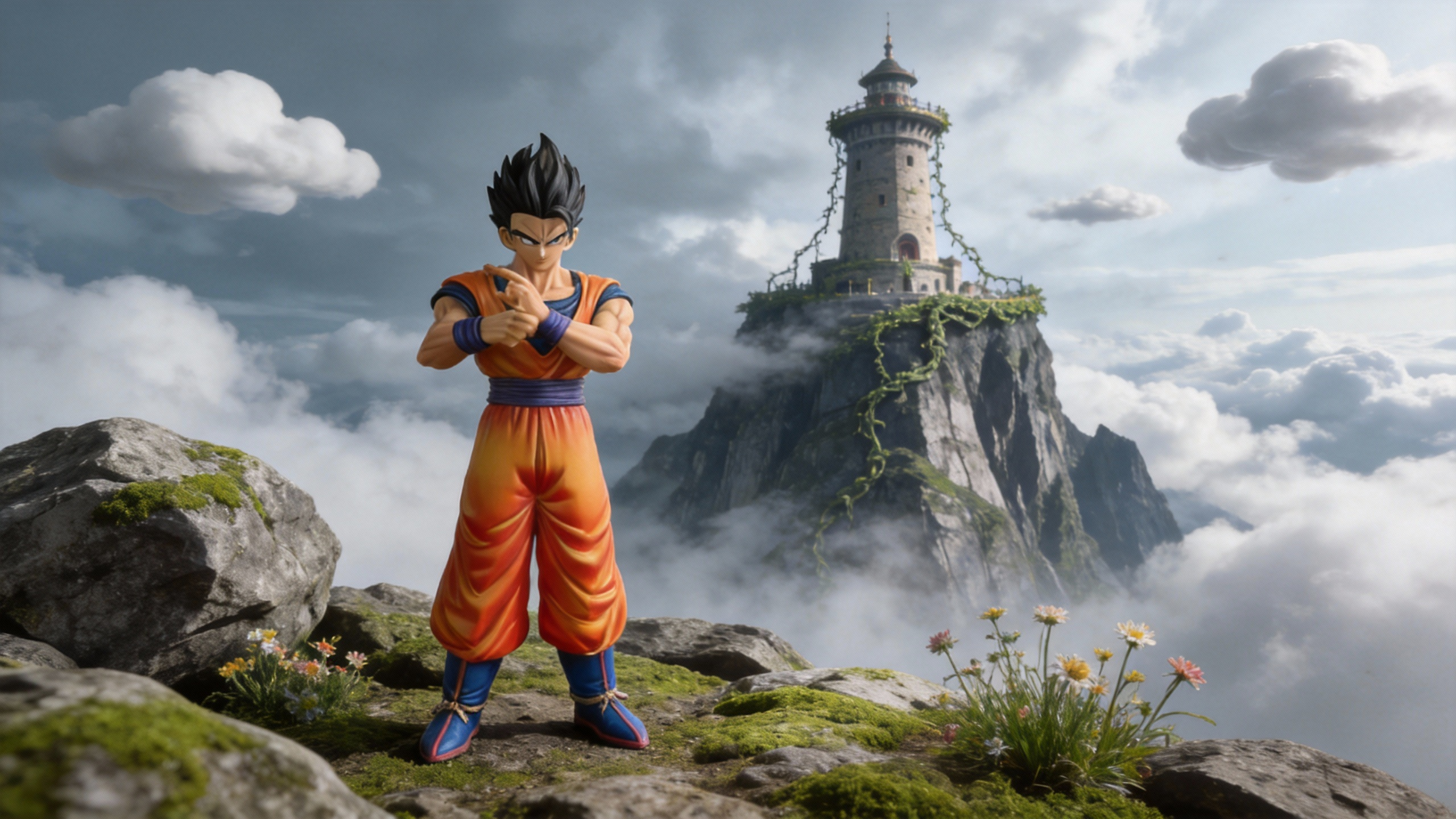 Ultimate Gohan GK statue in a focused martial arts stance, wearing a vibrant orange and navy blue gi with realistic fabric folds and intense black hair.