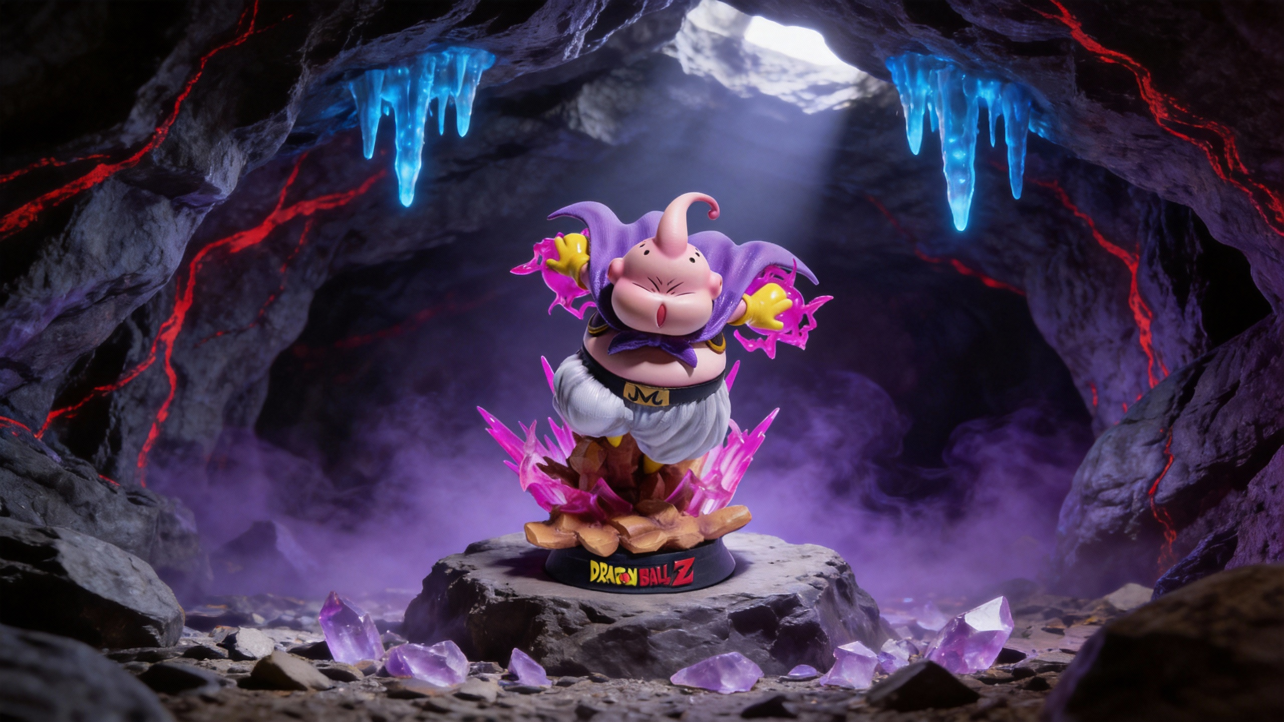 Majin Buu Power Unleashed Deluxe Version Figure by COSPLEE featuring a high-gloss pink skin texture, purple cape, and dynamic LED light-up rock base.
