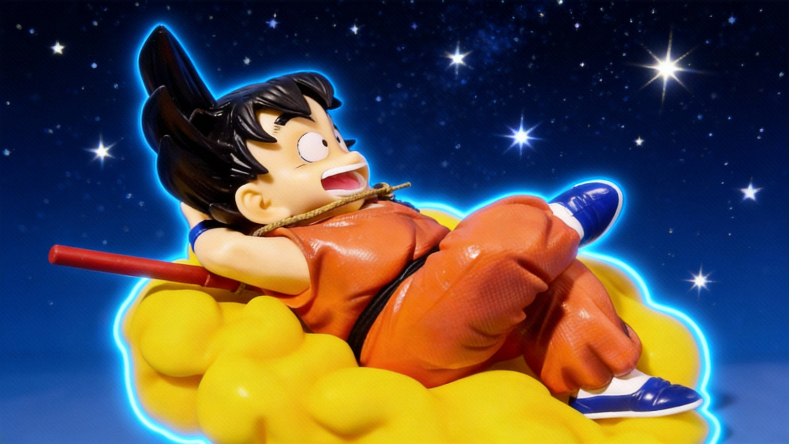 Premium Kid Goku on Flying Nimbus LED night light art piece by COSPLEE, featuring Goku in his classic orange Gi riding the golden Kinto-un cloud.
